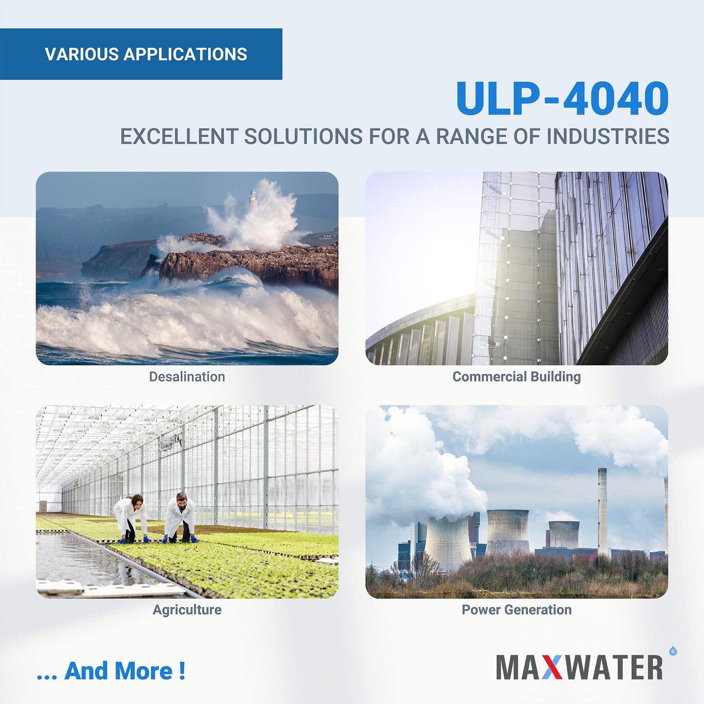 Max Water ULP-4040 Reverse Osmosis 4" x 40" RO Membrane, 2600 GPD For Water Purification Desalination Commercial, Industrial, Agricultural