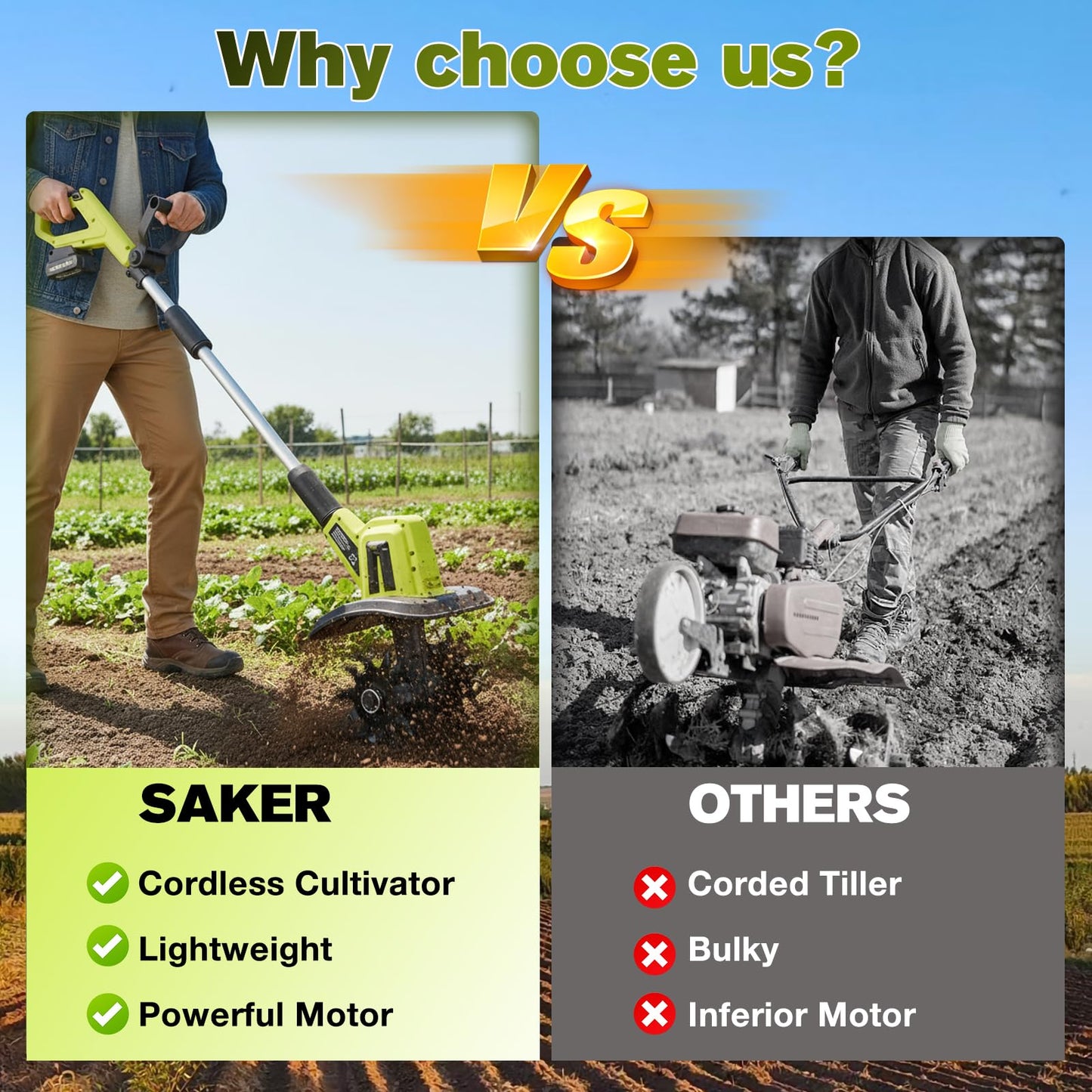 Saker 22V Cordless Electric Garden Tiller Cultivator, Lightweight Rototiller for Gardening, 9-Inch Tilling Width, 6.3-Inch Depth for Soil Preparation, Weeding, and Gardening 2 Batteries SK-TC18B