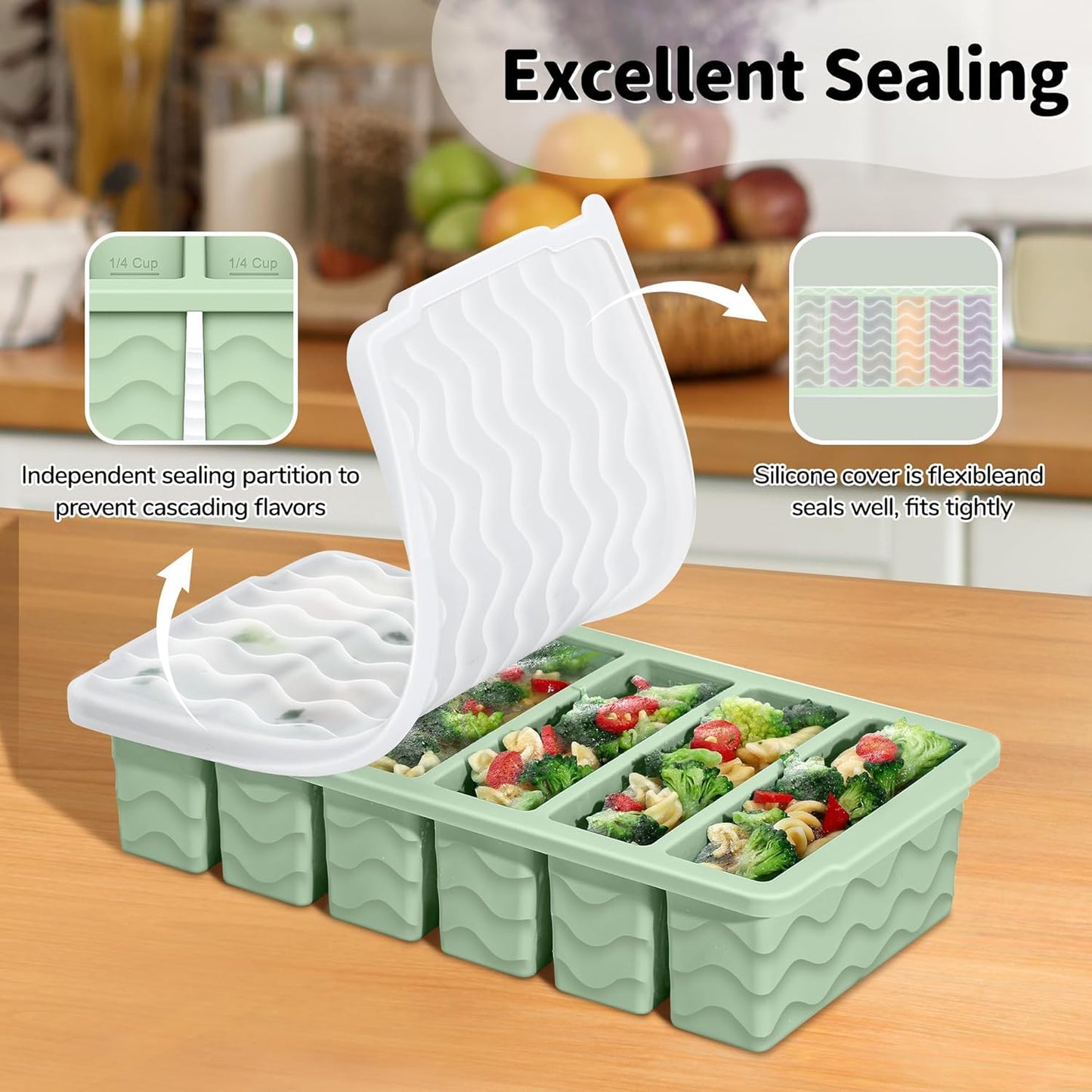 Skiennix Silicone Freezer Trays - 2-Pack with Lid for Meal Prep | 2 Large 2-Cup & 6 Small 1/2-Cup