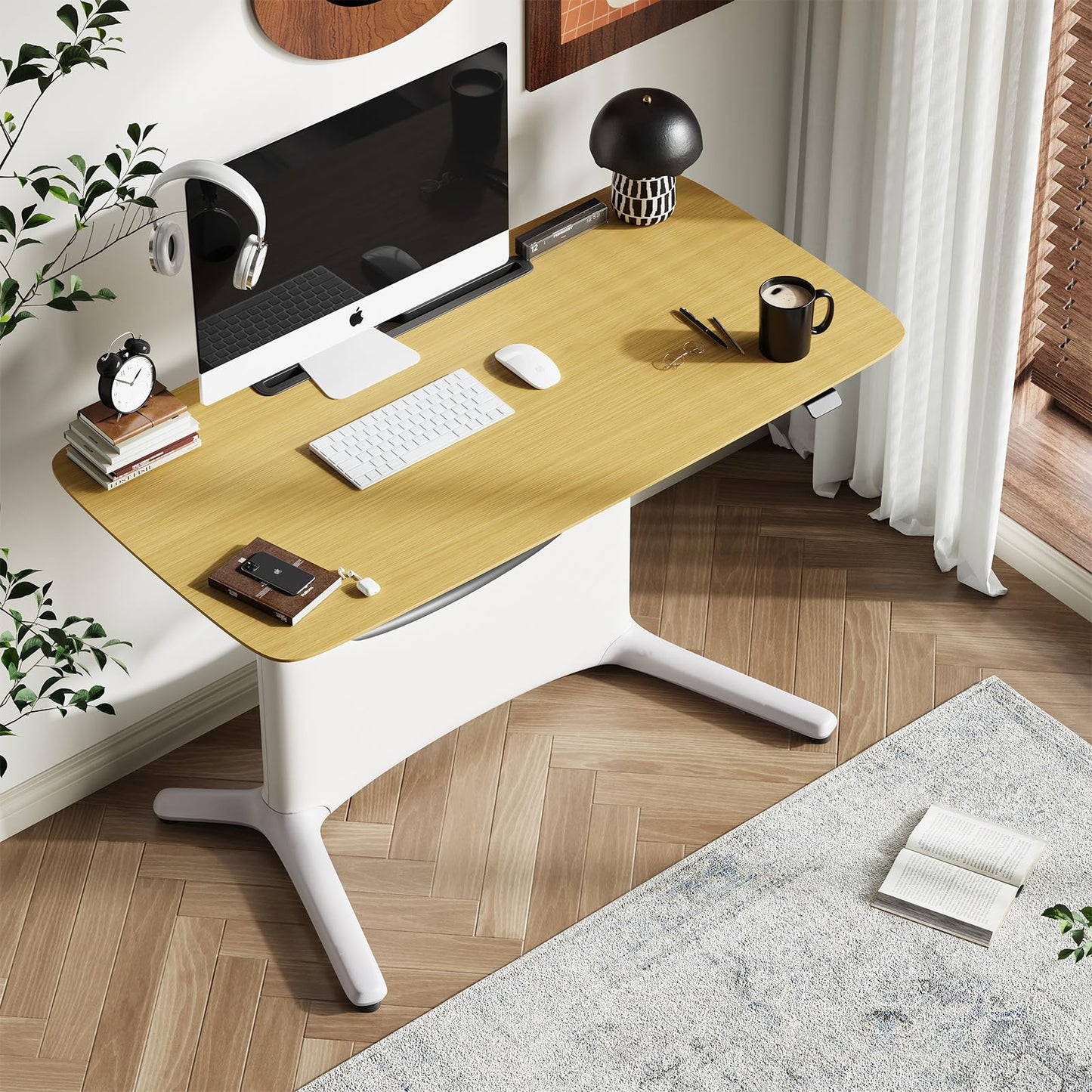 COLAMY Electric Adjustable Standing Desk – 48 x 28 Inch Sit Stand Desk with Drawer & Cable Management, Dual Motor Lift System, Ergonomic Footrest, Home Office Table (Veneer Desktop, Oak + White)
