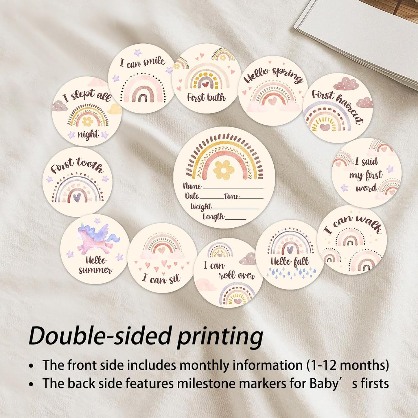 Set(13pcs) Baby Monthly Milestone Cards Sign - Double Sided Wooden Milestone Cards with Rainbow Design, Wooden Circles