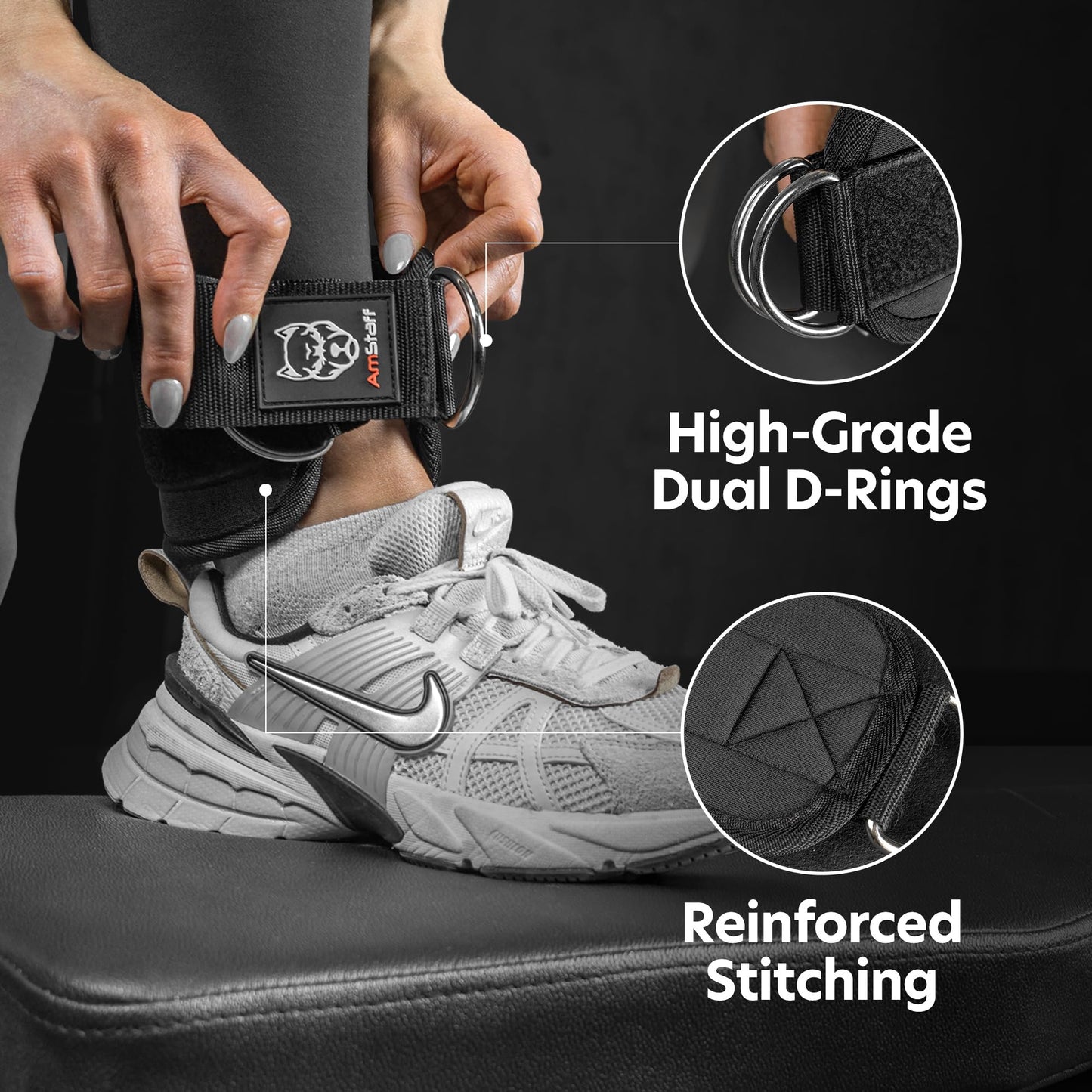 AmStaff Fitness Ankle Straps for Cable Machines – Padded Gym Ankle Cuffs for Glutes, Legs, and Booty Workouts – Adjustable Cable Attachments for Women & Men – One Size (Black)