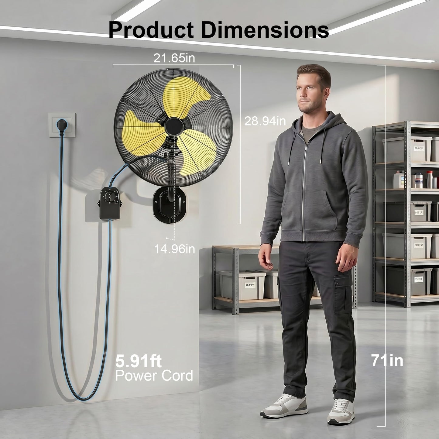 20" Heavy Duty Wall Mount Fan, 3 Speeds, 7200 CFM High Velocity Industrial Fan, Indoor Oscillating Wall Fan, Metal Outdoor Fan for Commercial Use, Shop,Gym,Patio,Garage, Warehouse