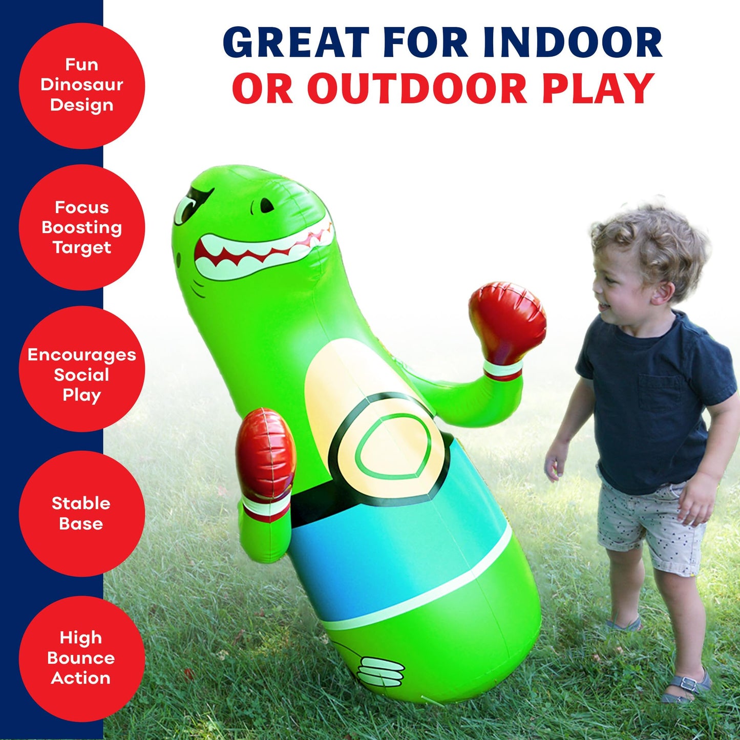 Preferred Toys 47" Inflatable Dinosaur Punching Bag for Kids - Durable Blow Up Kids Punching Bag with Bounce Back Base - Inflatable Indoor Outdoor Active Toddler Bop Play Toy - Green