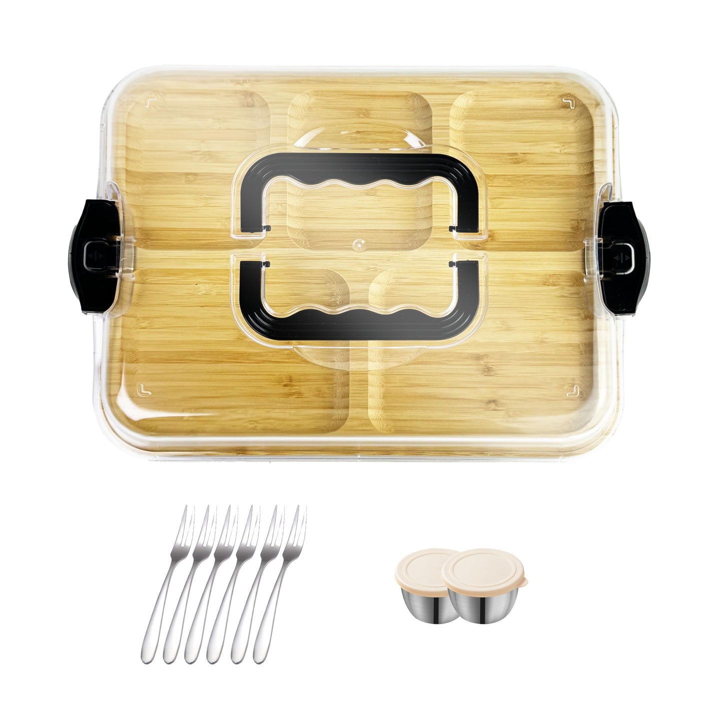 15×11" Charcuterie Boards with Lid, Bamboo Cheese Board Cutting Boards with Locking Clear Cover, Portable Serving Tray - 5 Compartments for Kitchen, Picnic, Party, Housewarming, Wedding Gift
