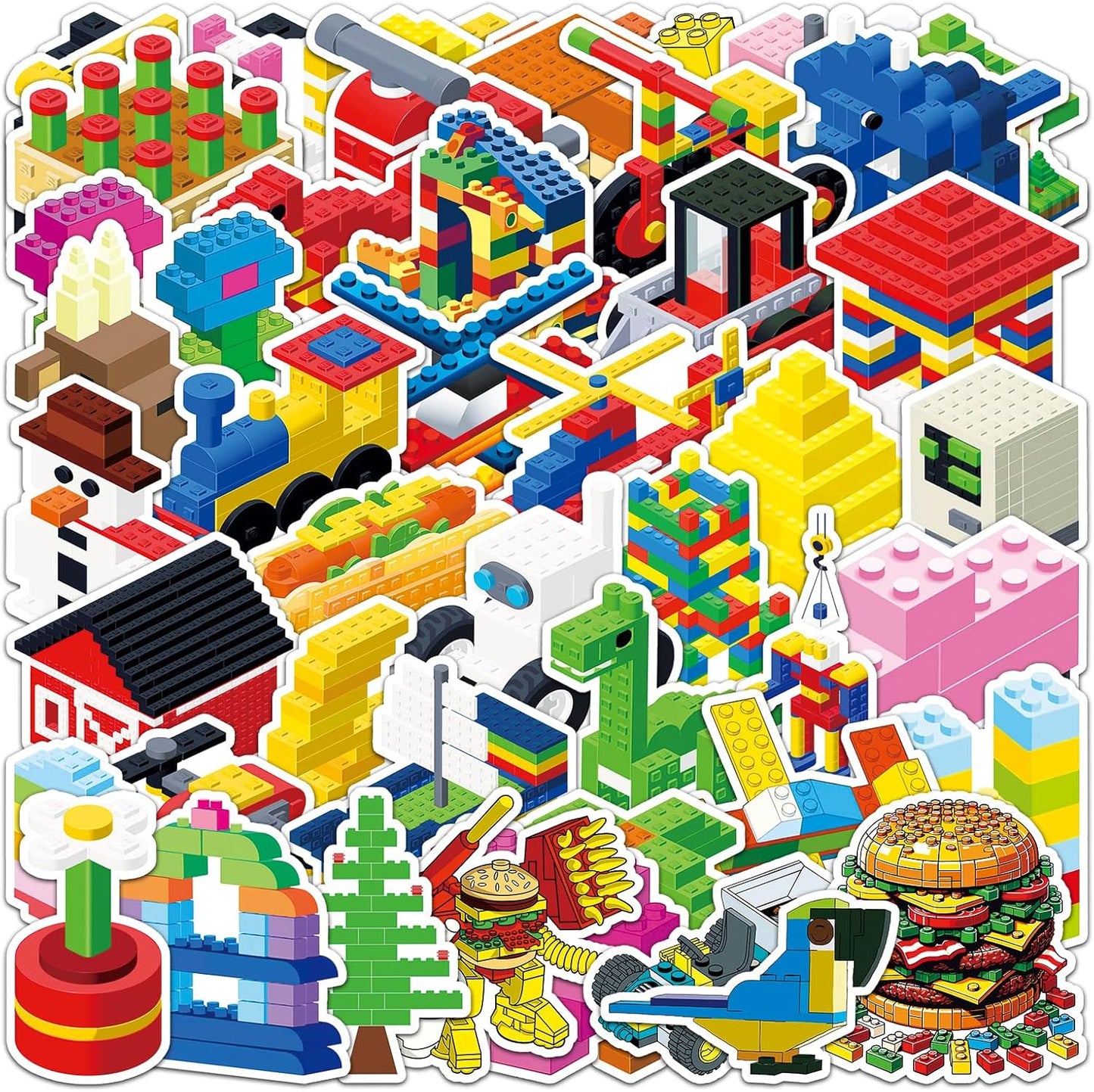 Dslalaly 51 PCS Reusable Cartoon Building Block Stickers - Waterproof Decals for Water Bottles, Laptops & Scrapbooking