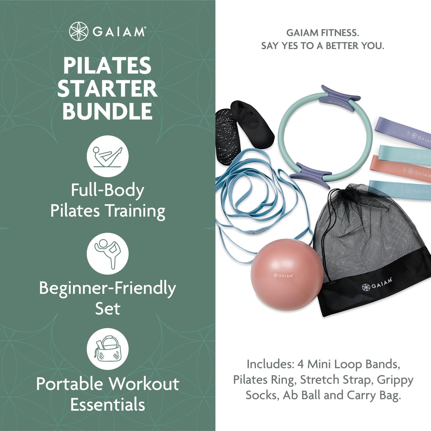 Gaiam Pilates Kit for Women — 6-Piece Starter Bundle with Pilates Ring, Stretch Strap, Grip Socks, Resistance Bands, Mini Ball & Mesh Carry Bag | 12" Magic Circle + 8" Core Ball | Home Workout Set