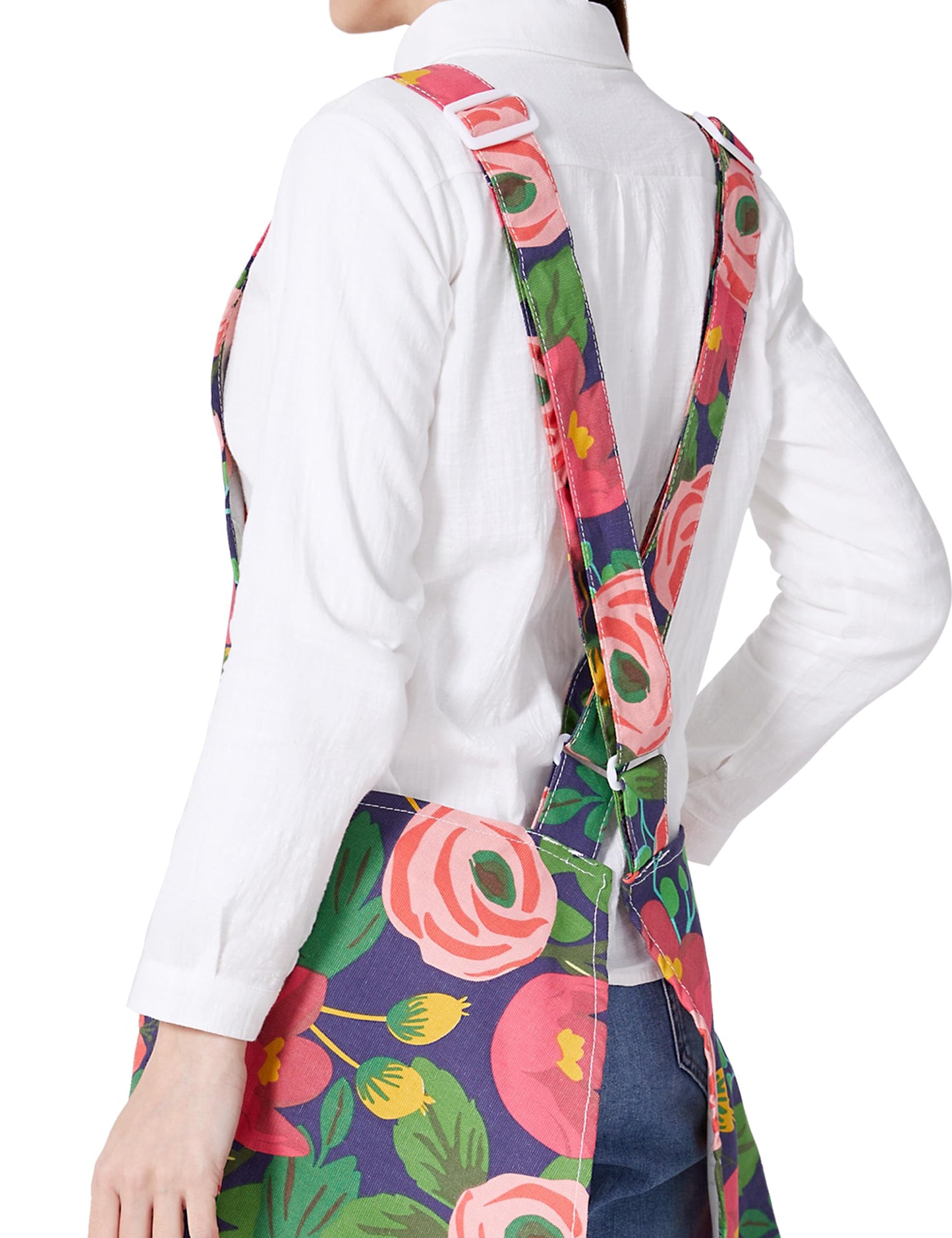OCXXMME Adjustable Easeful Cross Back Aprons for Women Floral Aprons with Pockets Cotton Linen Blooming Tulips