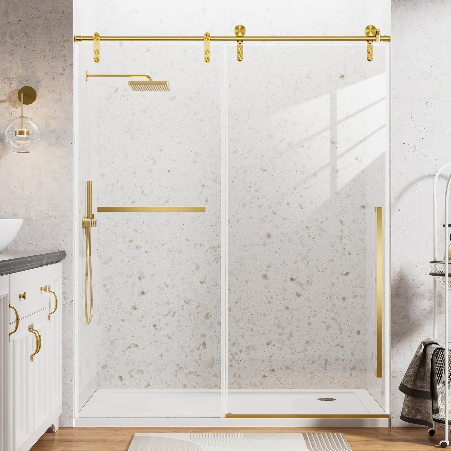 56-60" W x 75" H Glass Shower Door, Frameless Shower Door with 5/16" (8mm) Clear SGCC Tempered Glass, Explosion-Proof Film, Stainless Steel Hardware, Gold