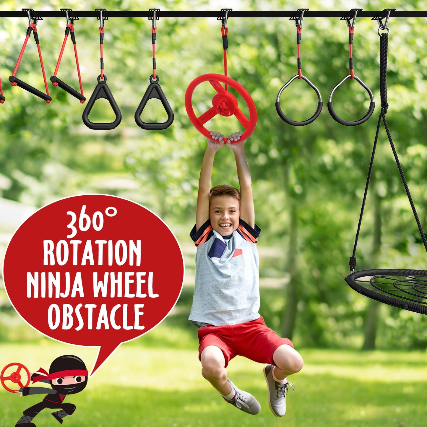 Hapfan 50 ft Ninja Warrior Obstacle Course for Kids with Tree Swing, Portable Slackline Swing Set with Weather-Proof Obstacles, Tree Jungle Gym Outdoor Playset for Backyard Outside