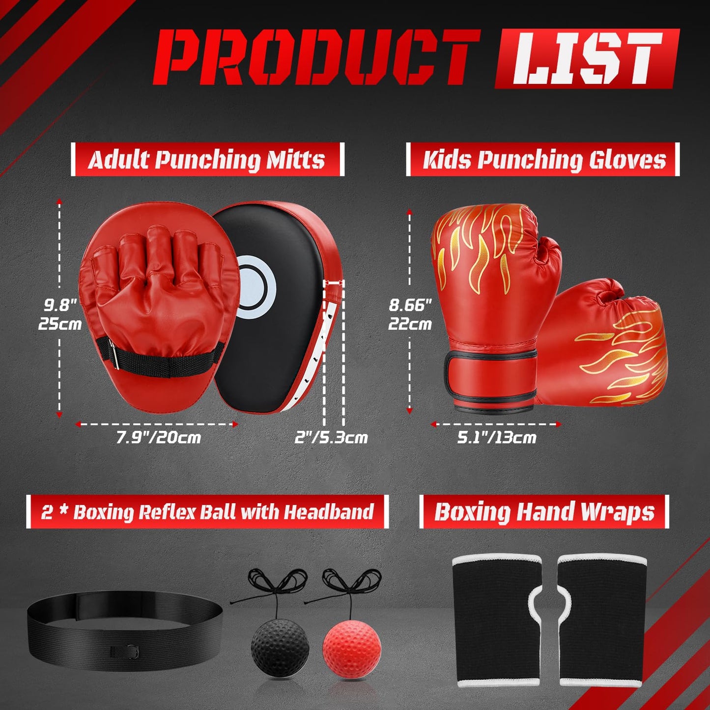 4-in-1 Boxing Gloves and Punching Mitts Set for Boys & Girls, Kids Boxing Gloves Focus Pads with Hand Wraps, Boxing Reflex Ball, Boxing Equipment Set for MMA Karate Muay Thai Taekwondo