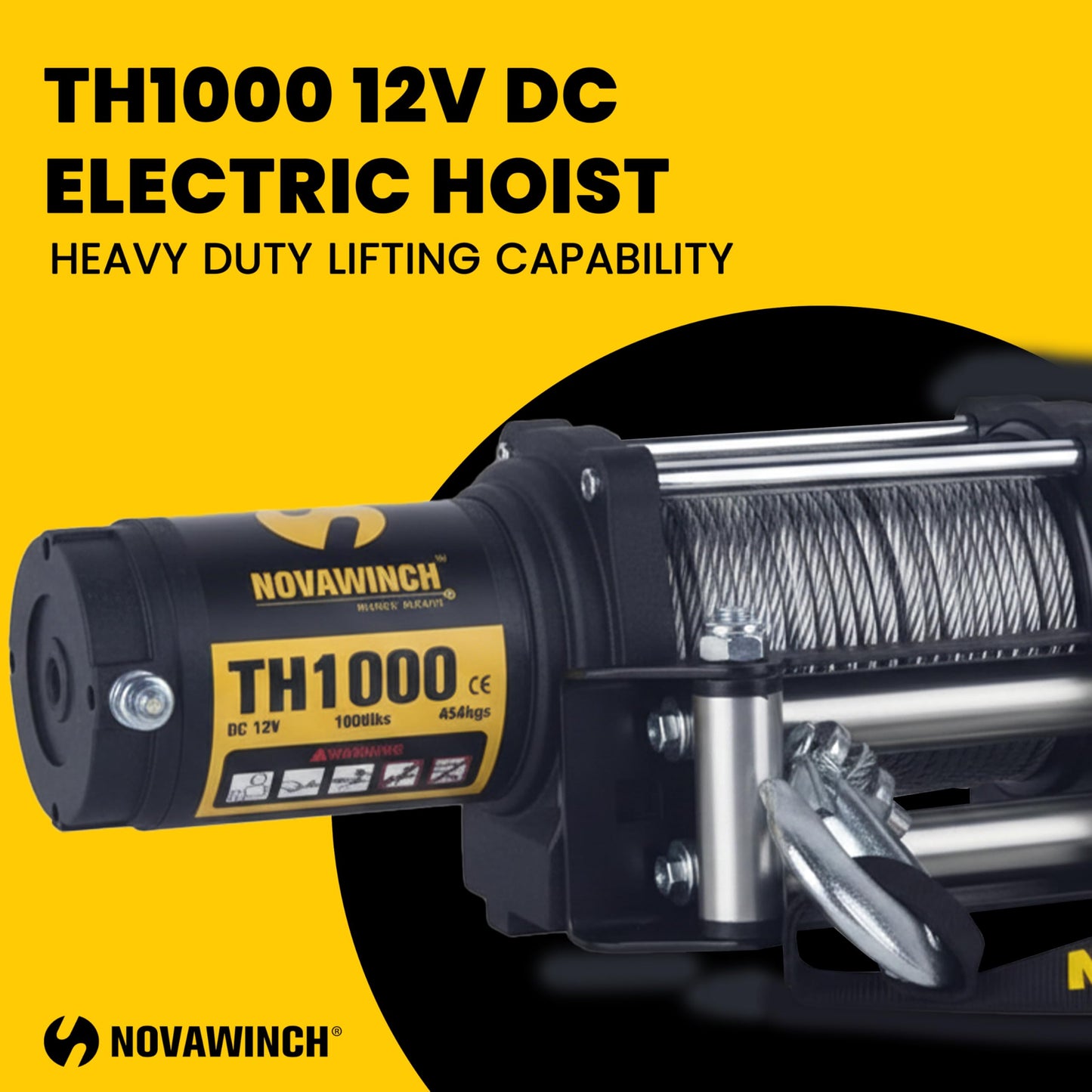 Novawinch TH1000 Electric Hoist 1000 lb - 12V DC Power Hoist with Mechanical Brake - Cable Hoist with Plug in Remote Control - Vertical or Horizontal Mount Lifting System for Material Handling