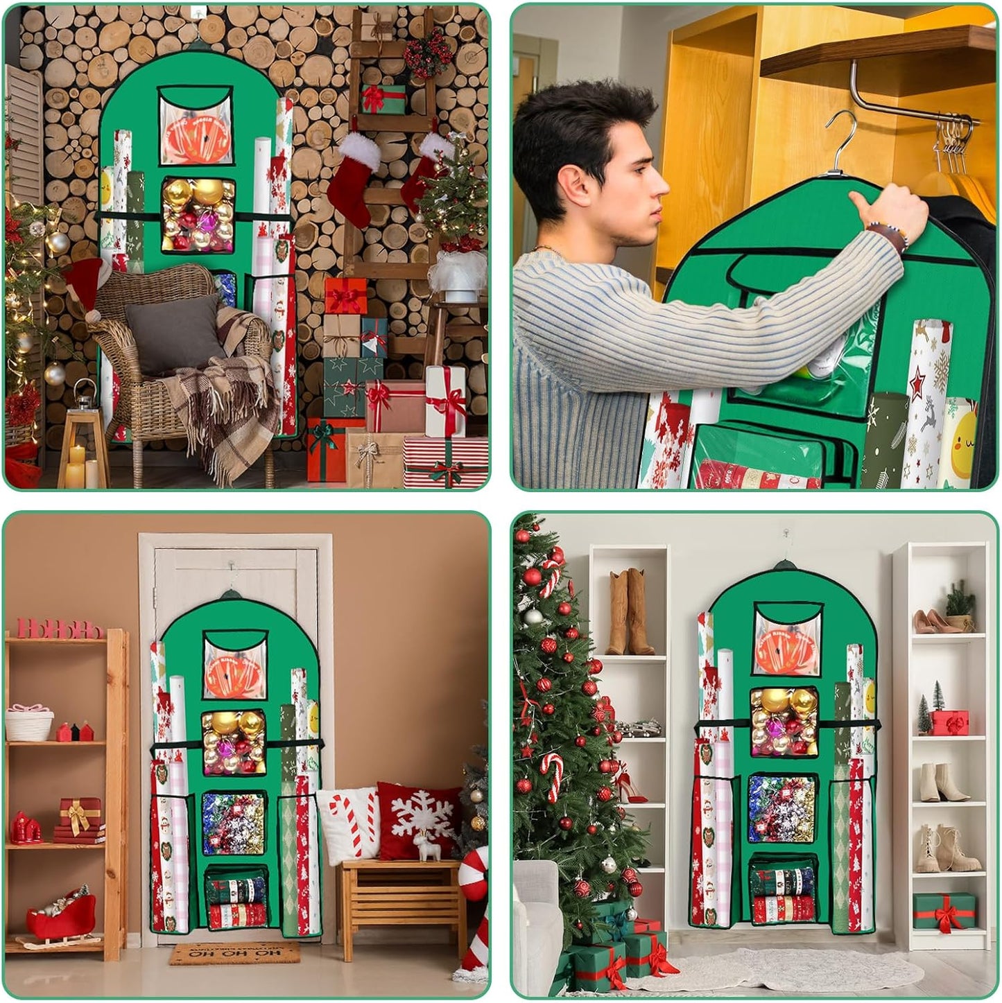 Skiennix Hanging Gift Wrapping Paper Organizer - Double-Sided Over The Door Storage | 48x24 Inch, Green