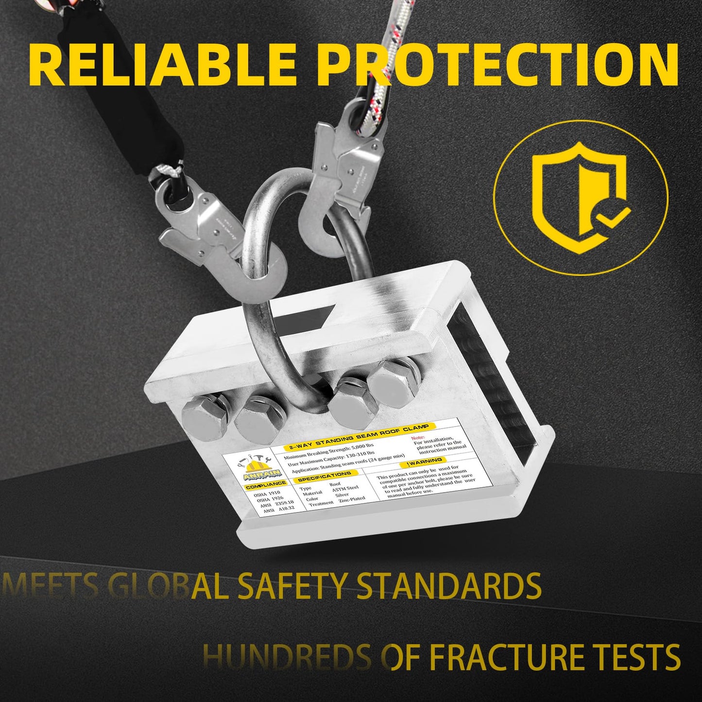 Fall Protection Roof Anchor, 2-Way Standing Seam Clamp | Non-Penetrating Design | 5000lbs Capacity | Galvanized Steel | for Metal Roof & Ladder Safety