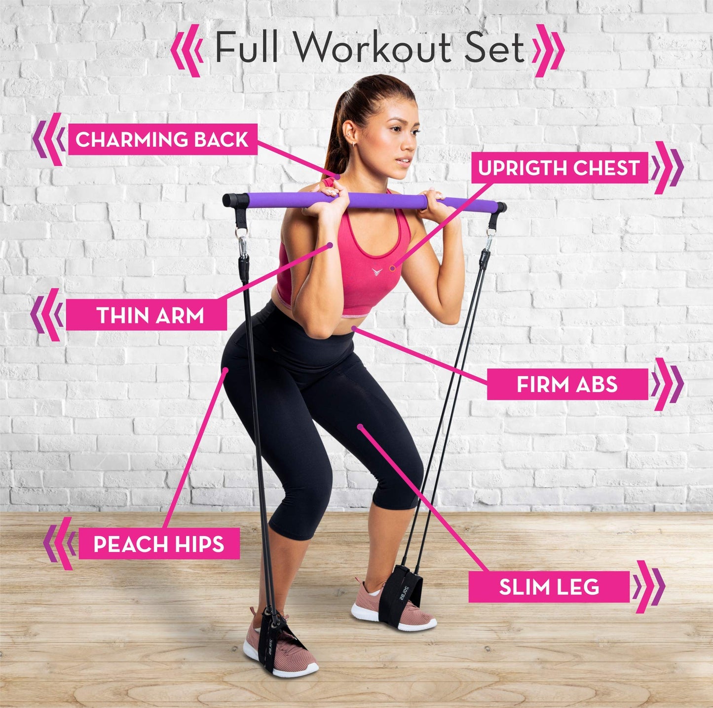 INX SPORTS Pilates Bar Kit with Resistance Bands (Up to 100lbs) - Portable Home Gym Equipment for Squats, Yoga, and Full Body Toning - 3-Section Steel Bar + Fabric Booty Band