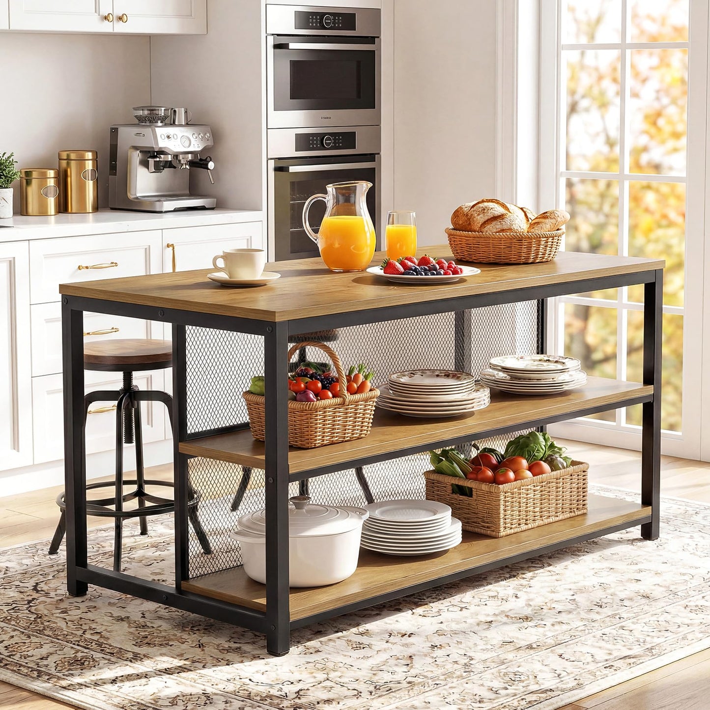 Tribesigns 63" Kitchen Island, Industrial Bar Table with Storage Shelves & Seating, Modern Farmhouse High Top Kitchen Dining Table with Metal Frame for Kitchen, Dining Room, Living Room, Bistro