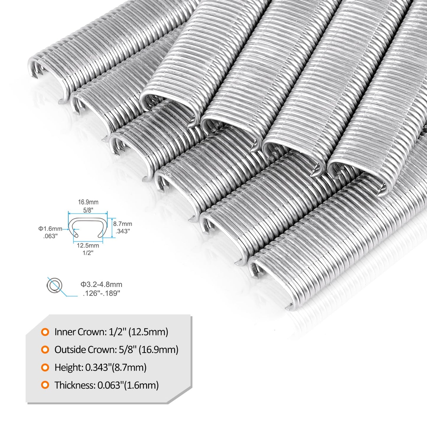 Kamsin 16 Gauge 304 Stainless Steel C-Type Hog Ring Staples, 18,000 PCS, 1/2" (12.5mm) Inner Crown, 5/8" (16.9mm) Outside Crown for Pneumatic Hog Ring Gun in Cages Building or Fastening