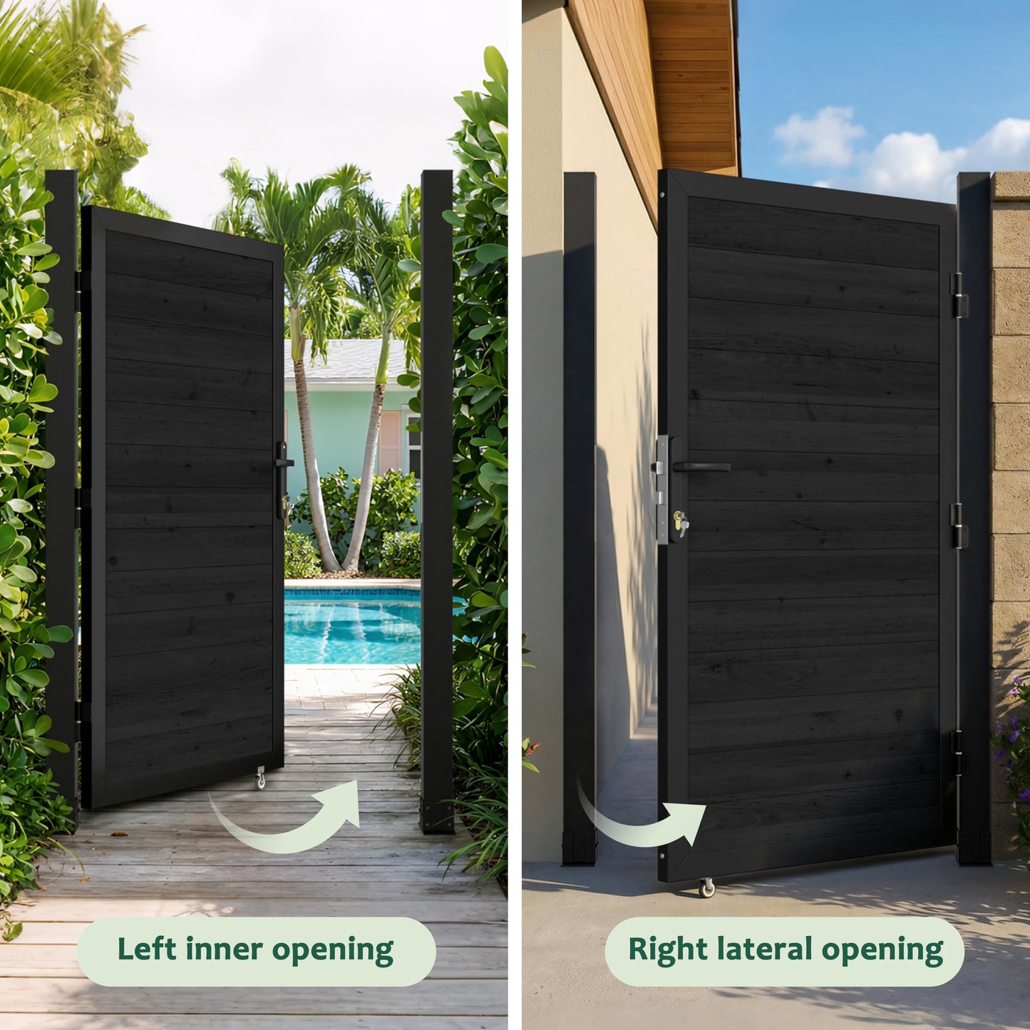 MUPATER 6×3 FT Outdoor Garden Gate, Privacy Fence Gate with Aluminum Frame & Cedar Wood Panels, Lockable Handle & Caster Wheel, Reversible Swing Direction for Patio, Yard, Garden, Black