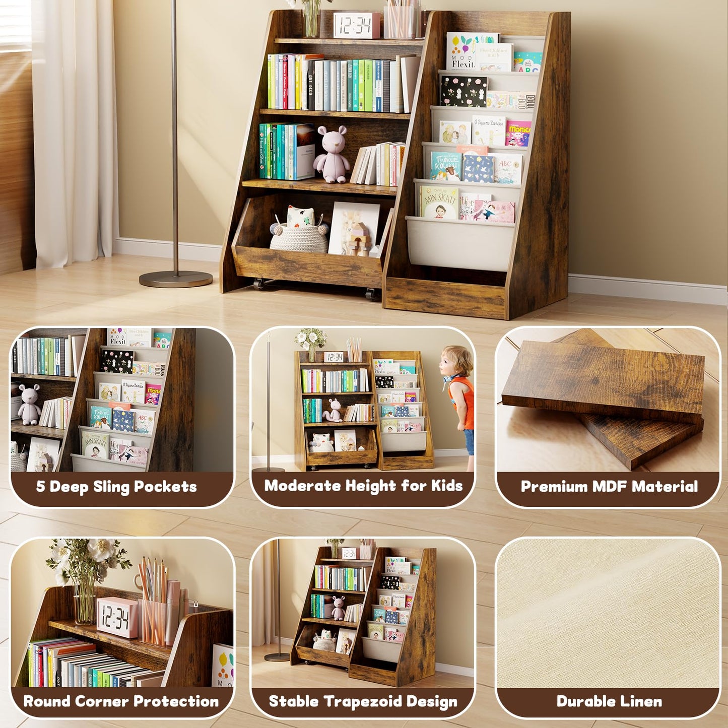 COZPAW Kids Bookshelf and Toy Storage, 4 Tier Toddler Bookshelf with Movable Drawer (Brown)