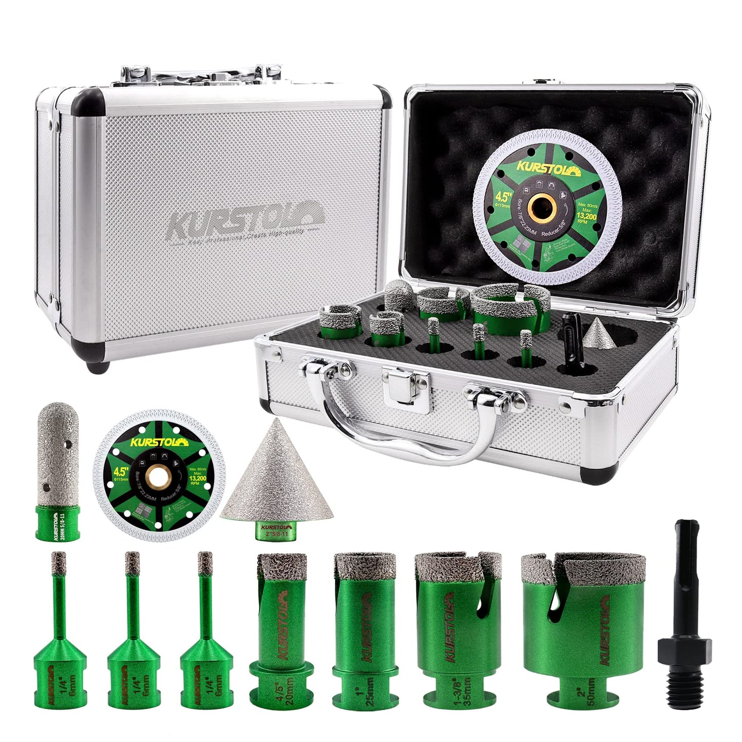 KURSTOL Diamond Core Drill Bits Kit - 6/6/6/20/25/35/50mm+2" Beveling Chamfer Bit+3/4" Finger Milling Bit+SDS Adapter to 58-11" Thread+4.5" Cutting disc for Porcelain Ceramic Tile Granite Marble