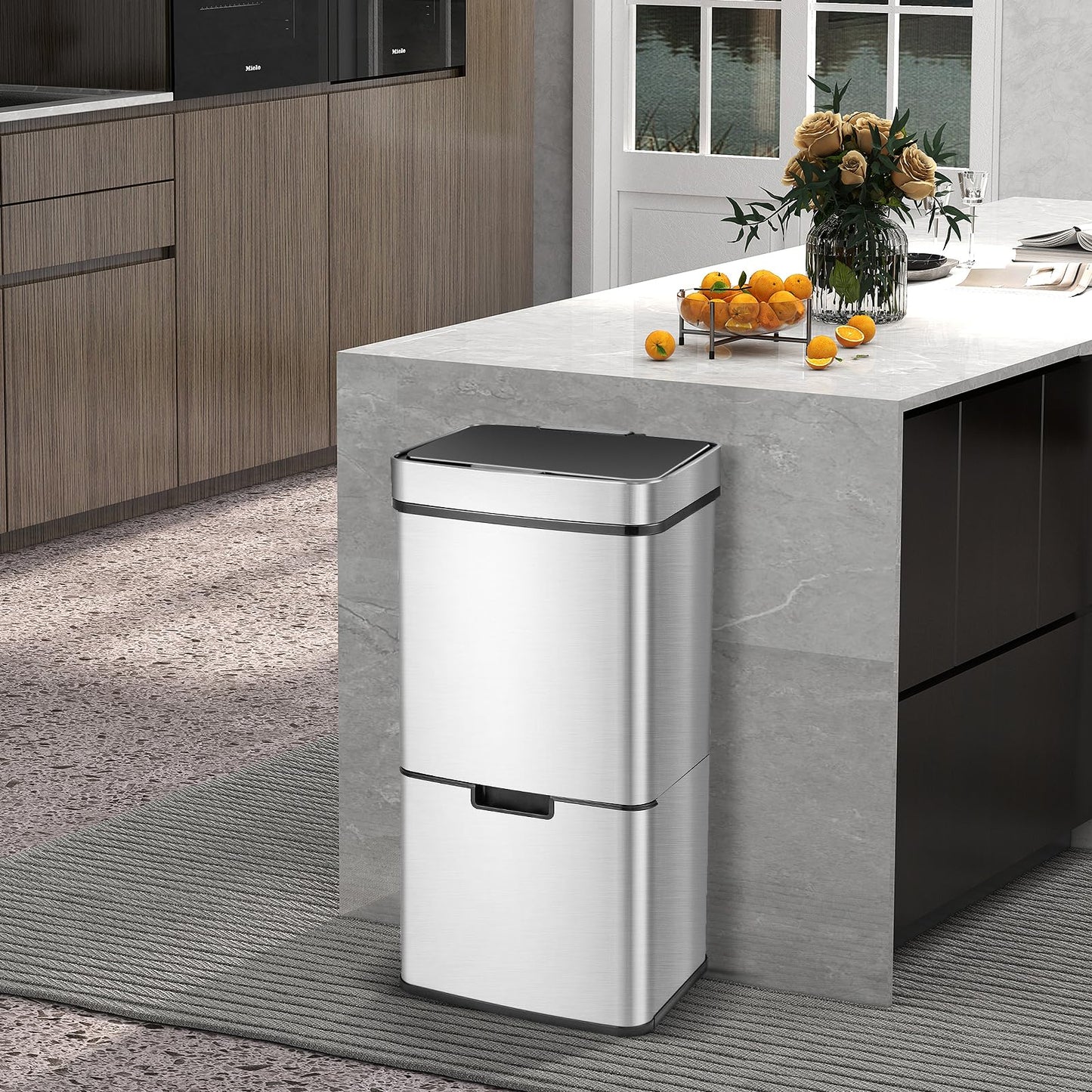 DORTALA 19 Gal Kitchen Trash Can, Infrared Motion Sensor Garbage Can with 2 Recycling Dustbin, Removable Inner Buckets, Stainless Steel Frame, Trash Bin with Soft-Closing Lid, Battery Operated