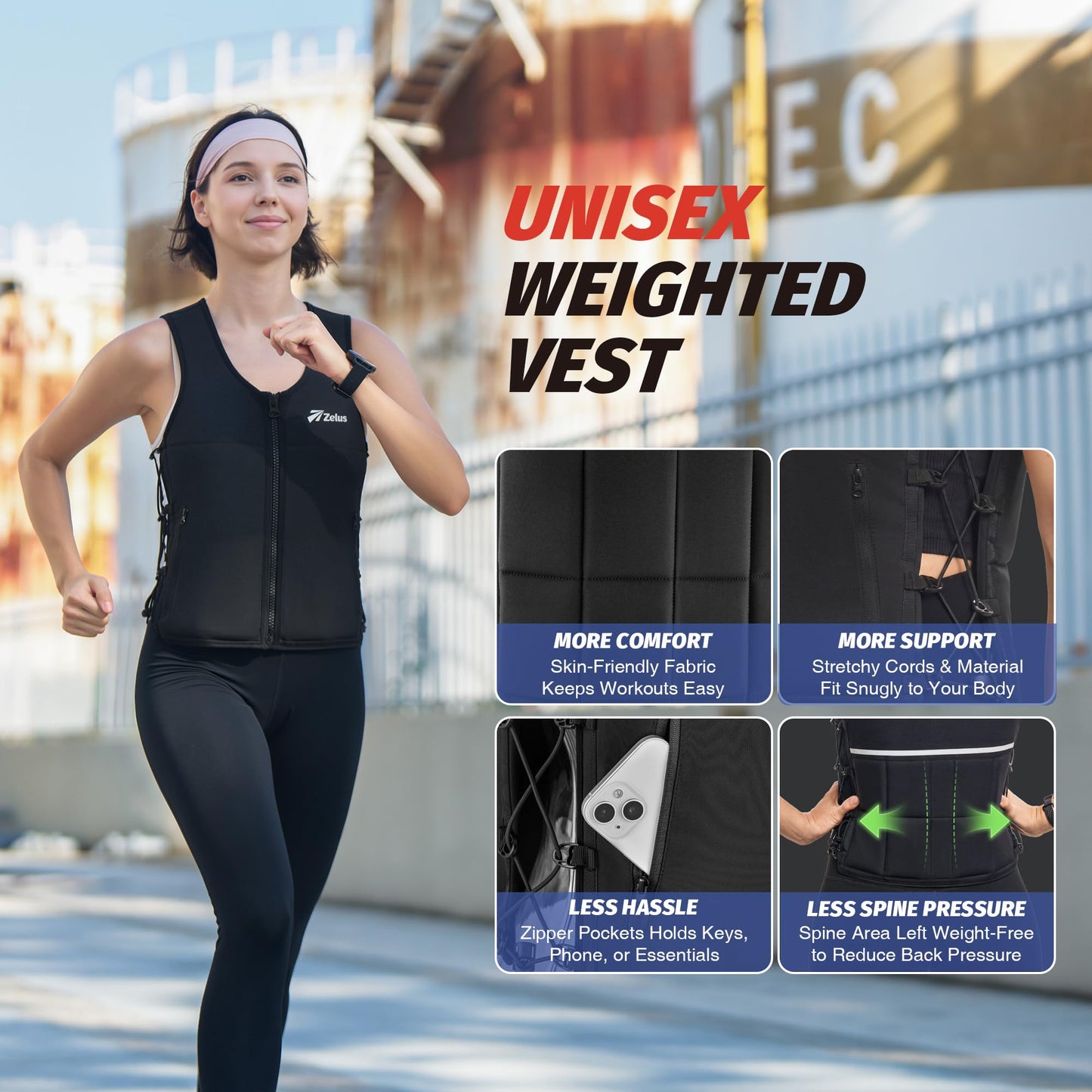 ZELUS Weighted Vest Woman, Adjustable Weighted Vest 1-10lb/ 1-15lb with Removable Z-Fit Soft Iron Weights, for Weight Loss Running Walking Rucking Strength Training, Reflective & Pocket Design