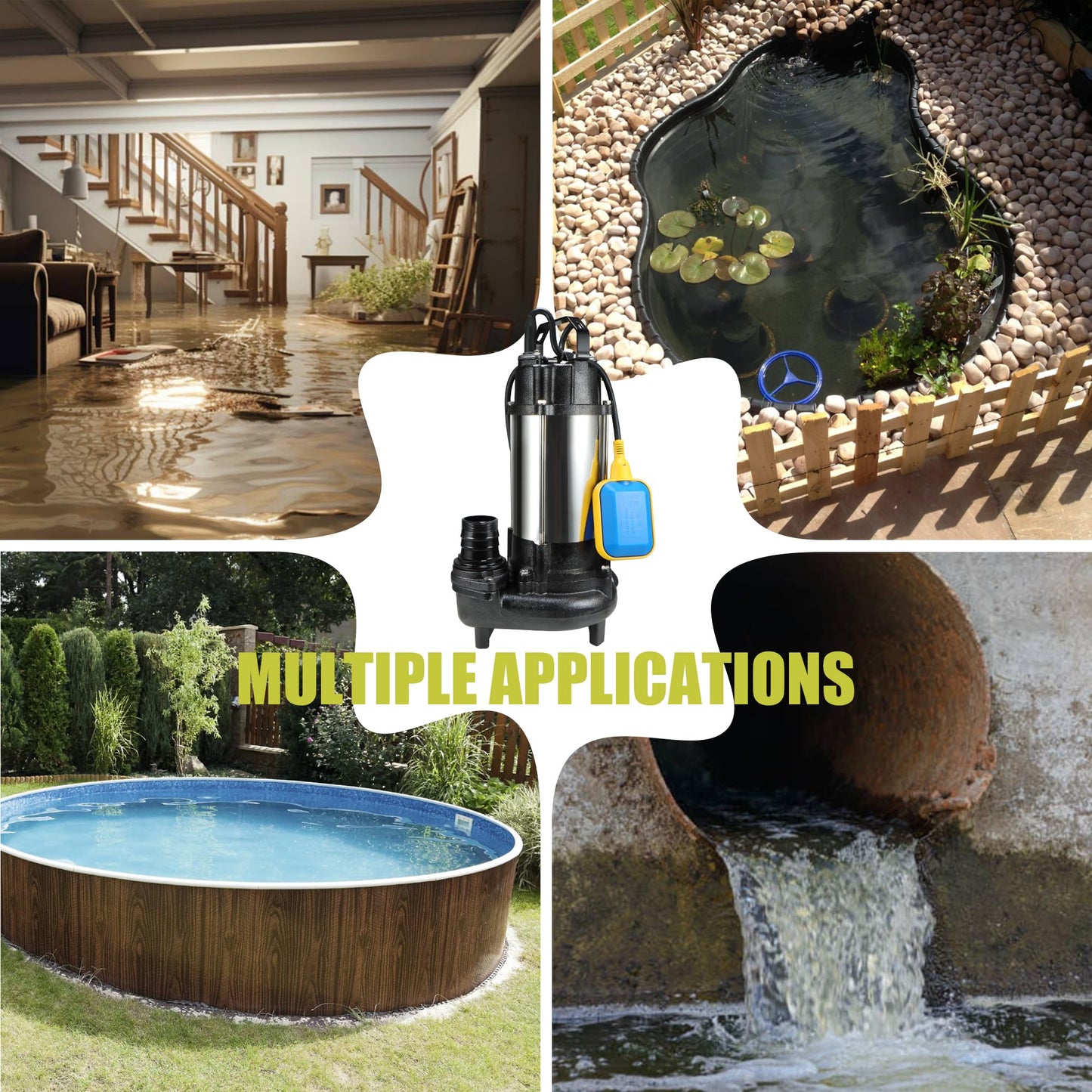 Sewage Grinder Pump, 1HP Submersible Sump Pump, 110V 6400GPH Stainless Steel Effluent Pumps with Automatic Float Switch, 2'' NPT Discharge for Basement, Sump Basin, Sewage Well