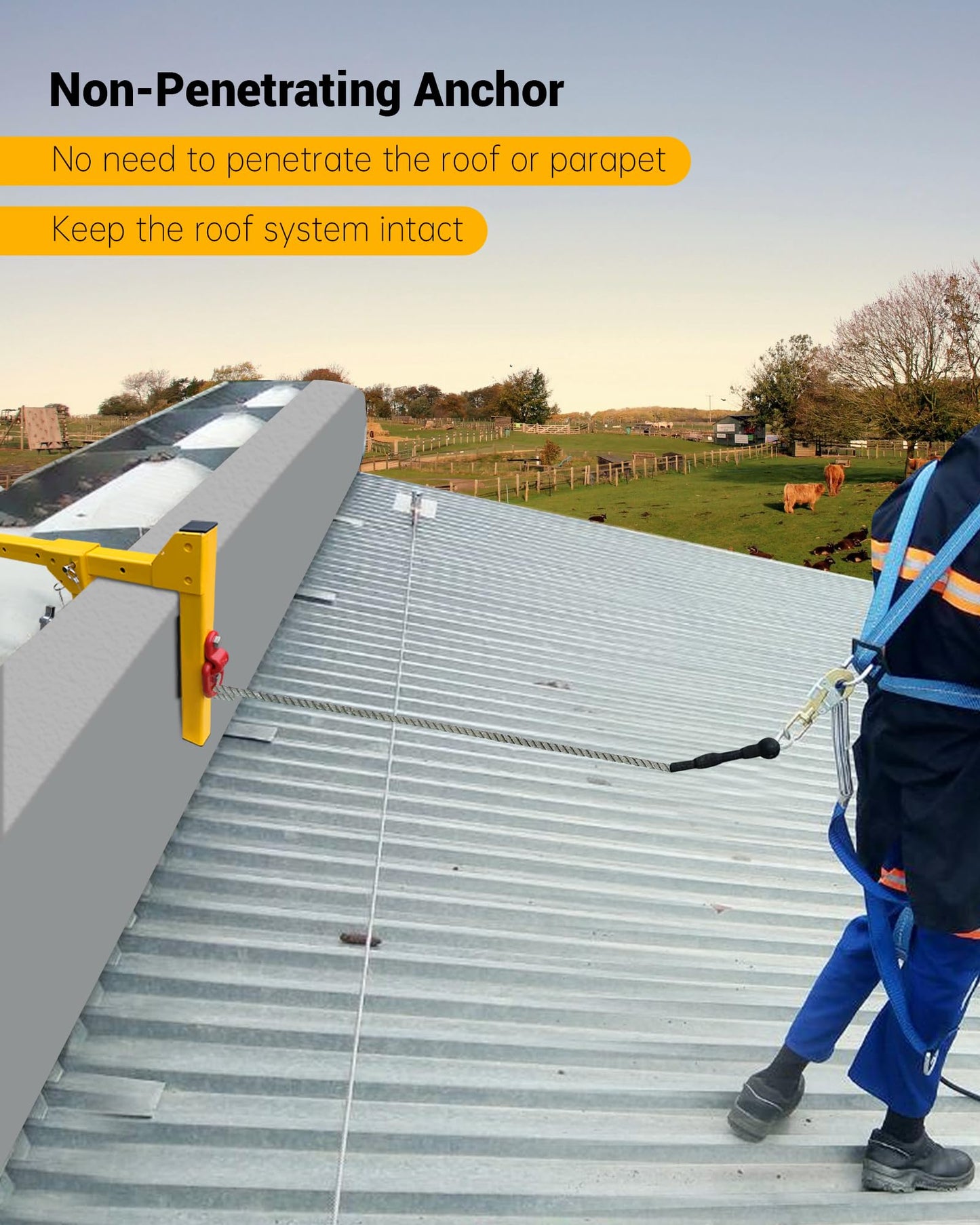 Parapet Adjustable Non-Penetrating Anchor, Reusable Parapet Anchor Clamp for Temporary Fall Arrest Anchorage, Fit Parapet Walls Up to 15" Thick, Lightweight Portable and High Strength