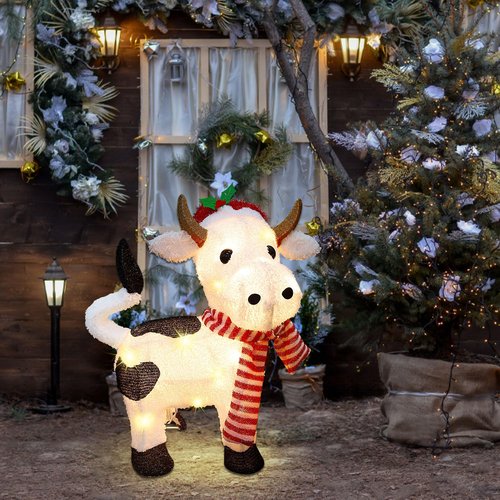 Lulu Home 21" H Christmas Yard Decoration, 3D Pre-lit Cow with 35 Warm White Lights, Light Up Diary Cattle Wearing Scarf & Santa Hat for Xmas Indoor Outdoor Holiday Lighted Display