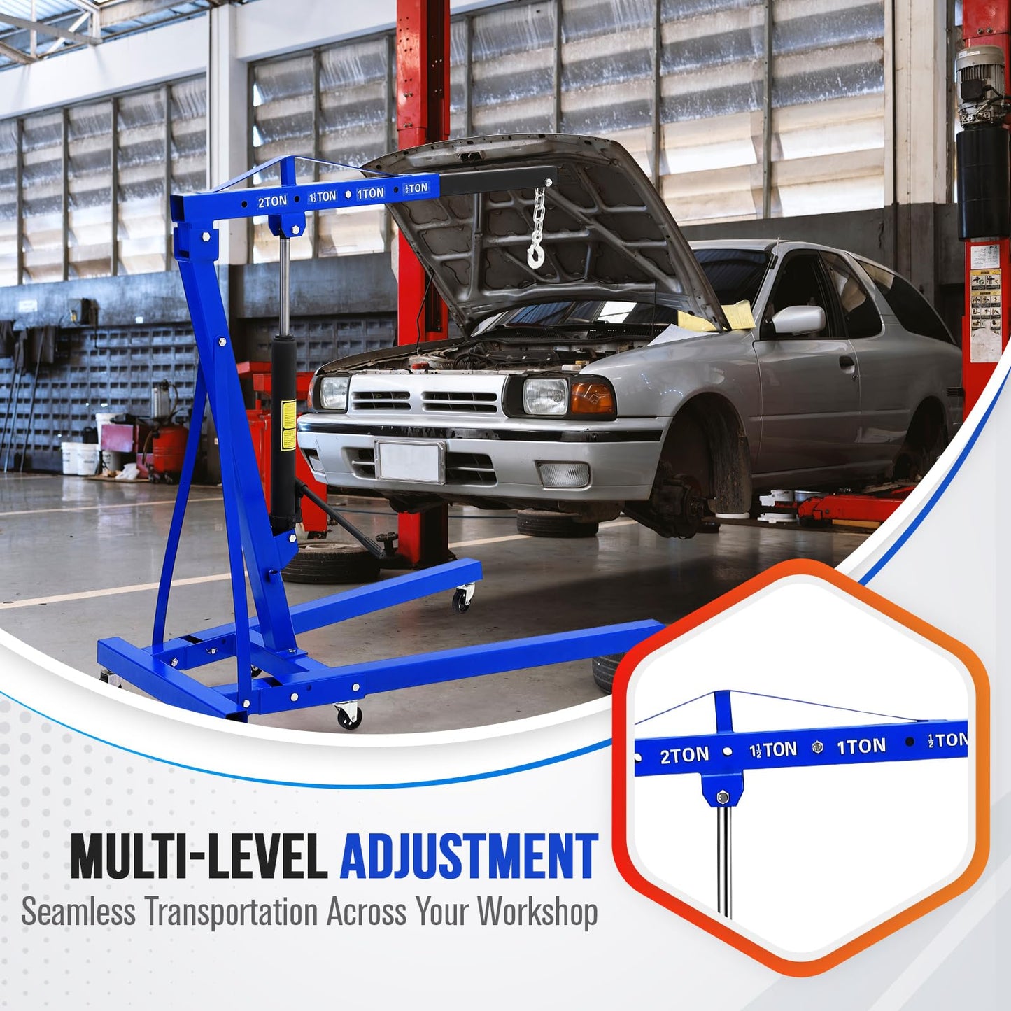 Hydraulic Engine Hoist with Lever 2 Ton (4400LB), Heavy Duty Folding Shop Crane w/ 6 Swivel Casters & Telescopic Boom, Adjustable Lifting for Engines, Transmissions | Garage, Workshop, Factory, Blue