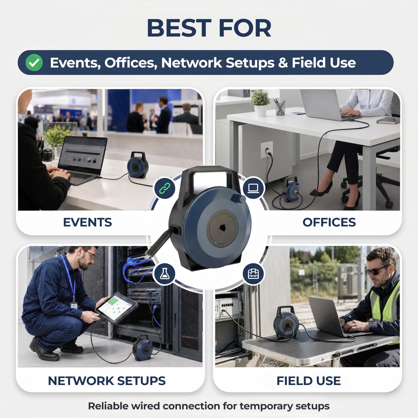 EXTNGO USB-C (Type-C) to Ethernet Cable Reel, 50Ft (15M) CAT6 Tough-Flat™, Up to 1 Gbps, Plug & Play, Truck-Pass Safe, Retractable Cable for Temporary Setups