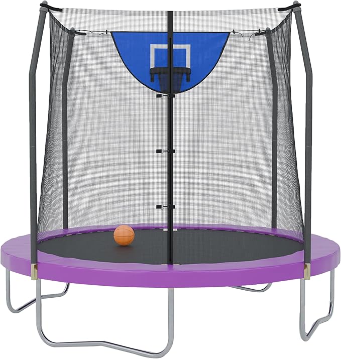 Skywalker Trampoline Outdoor 8 FT, 12 FT, 15 FT Jump N’ Dunk Round Outdoor Trampoline with Net, Trampoline Mat, and Basketball Hoop for Trampoline
