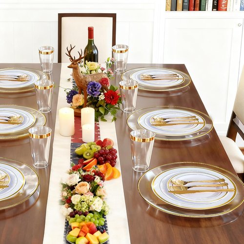 HOME BREEZE 13 Inch Charger Plates, 16 Pack, Clear Charger Plates with Gold Rim, Heavy Duty Disposable Plastic Chargers for Dinner, Elegant Dining, Wedding, Party, Formal Event Decoration (16, Gold)