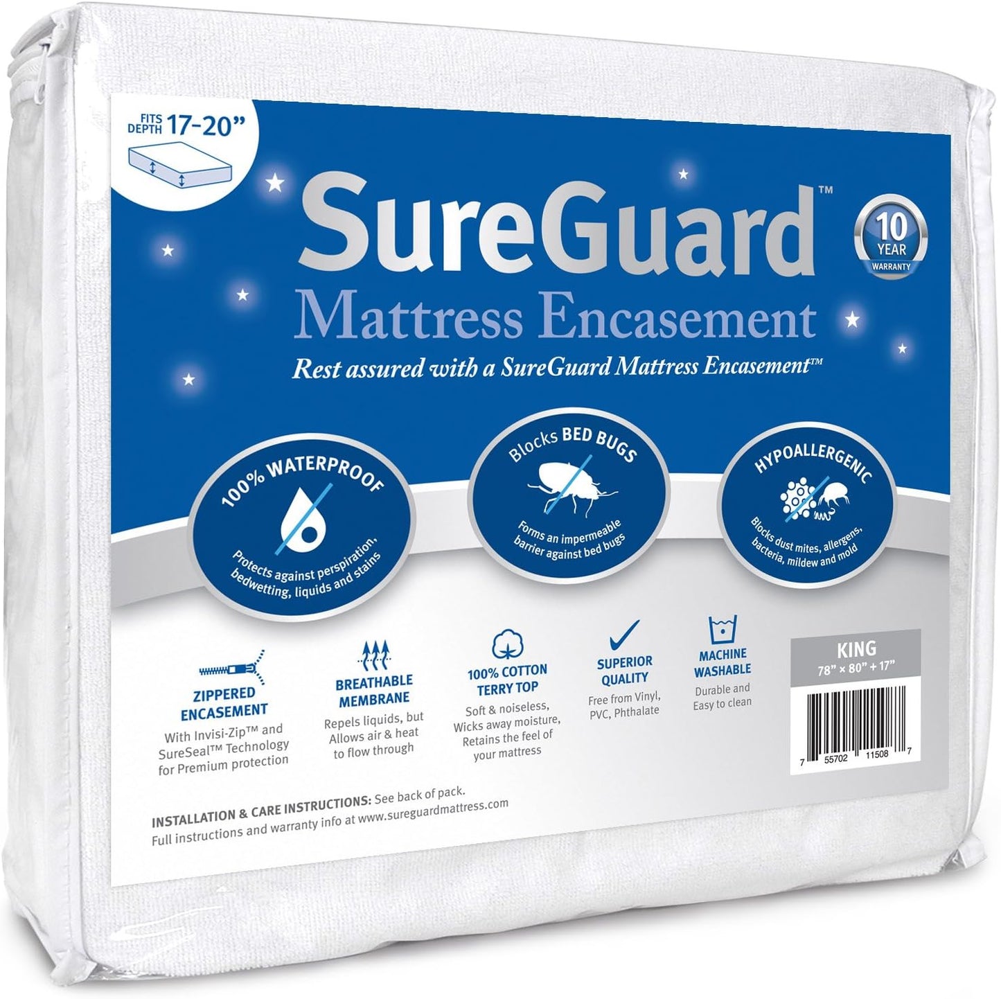 SureGuard King Mattress Encasement - 100% Waterproof, Bed Bug Proof & Hypoallergenic | Deep 17-20 in. Cover