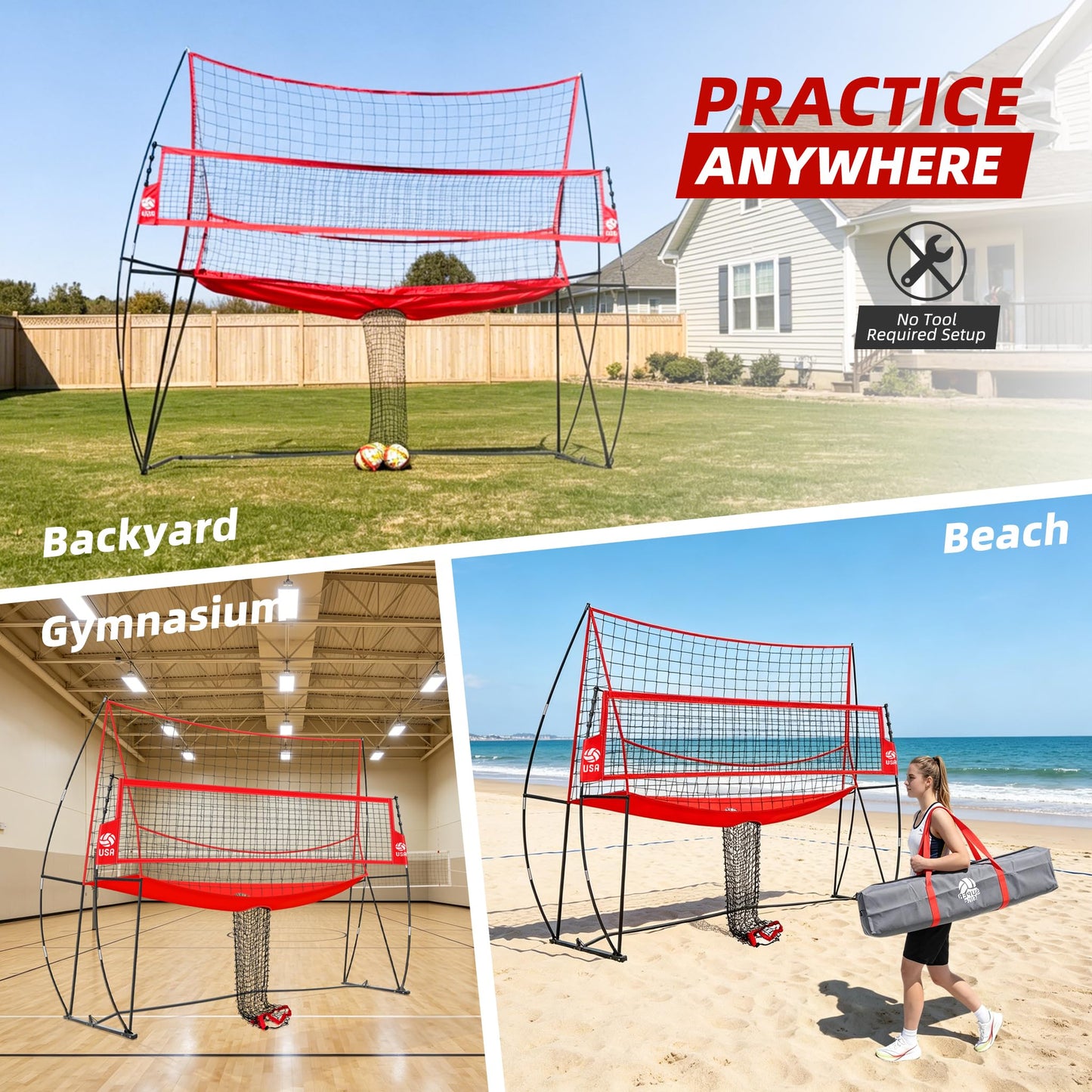 JOLORLY 2-in-1 Volleyball Practice Net Station with Patented 5-Height (6'6'' to 8'), Heavy Duty Training System for Hitting Spiking Serving, Backyard Indoor Outdoor Trainer Equipment (12x11 ft Red)