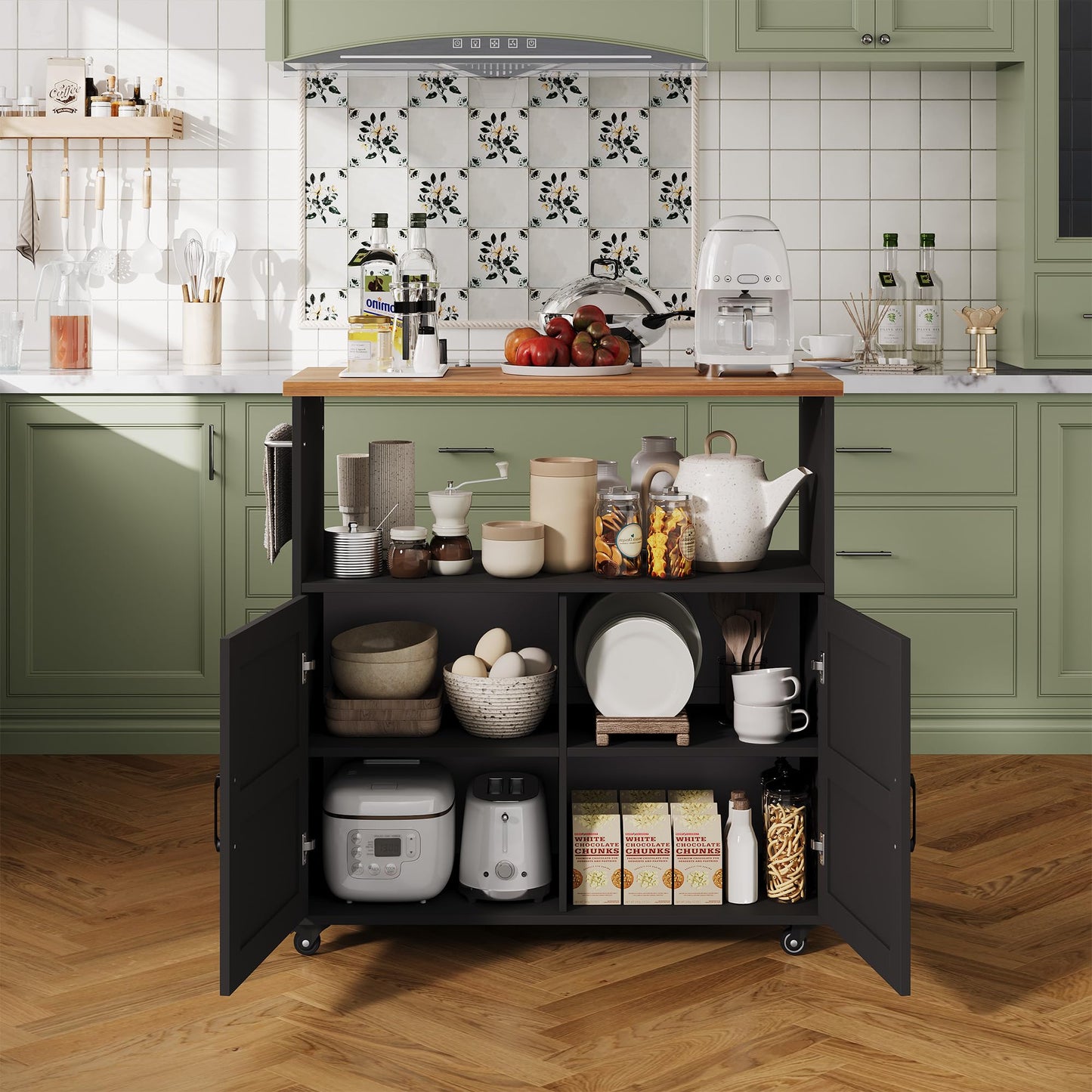 GarveeLife Rolling Kitchen Island with Storage Cabinet, 40.4'' Width Kitchen Cart, Portable Mobile Kitchen Island with Towel Rack, Wood Top and Lockable Wheels for Kitchen, Dining Room