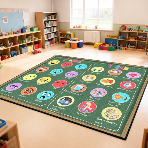 GRAMBET Classroom Rug Elementary 5x7ft for Playroom, Educational Smiley Face Kids Play Mat, Calming Corner Sensory Emotion Feelings Rug for Kids Room Nursery Bedroom, Non-Slip Washable(Green)