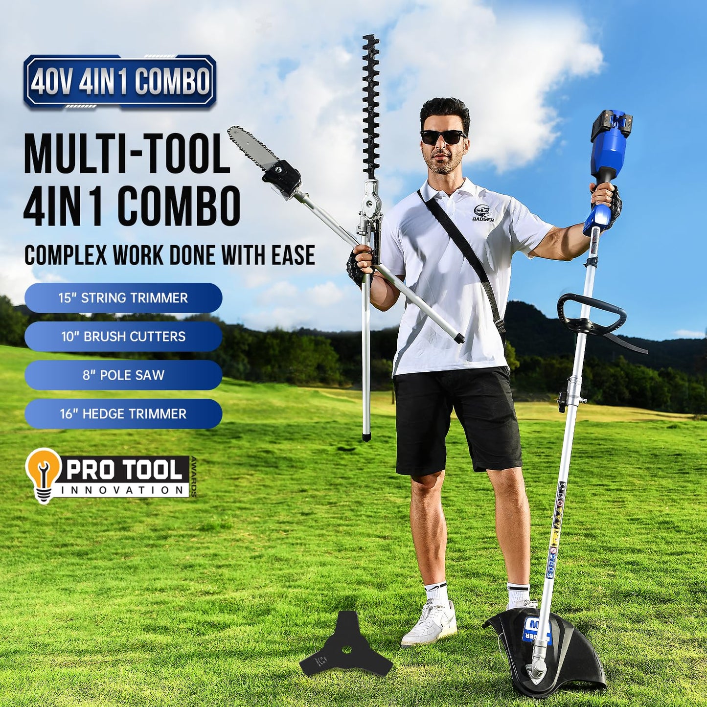 Wild Badger Power Upgraded 40V Cordless String Trimmer & Edger, 4-in-1 Multi-Tool Kit with Hedge Trimmer, Brush Cutter & Pole Saw, Attachment Capable Weed Wacker, 2 * 20V 4.0Ah Batteries & Charger