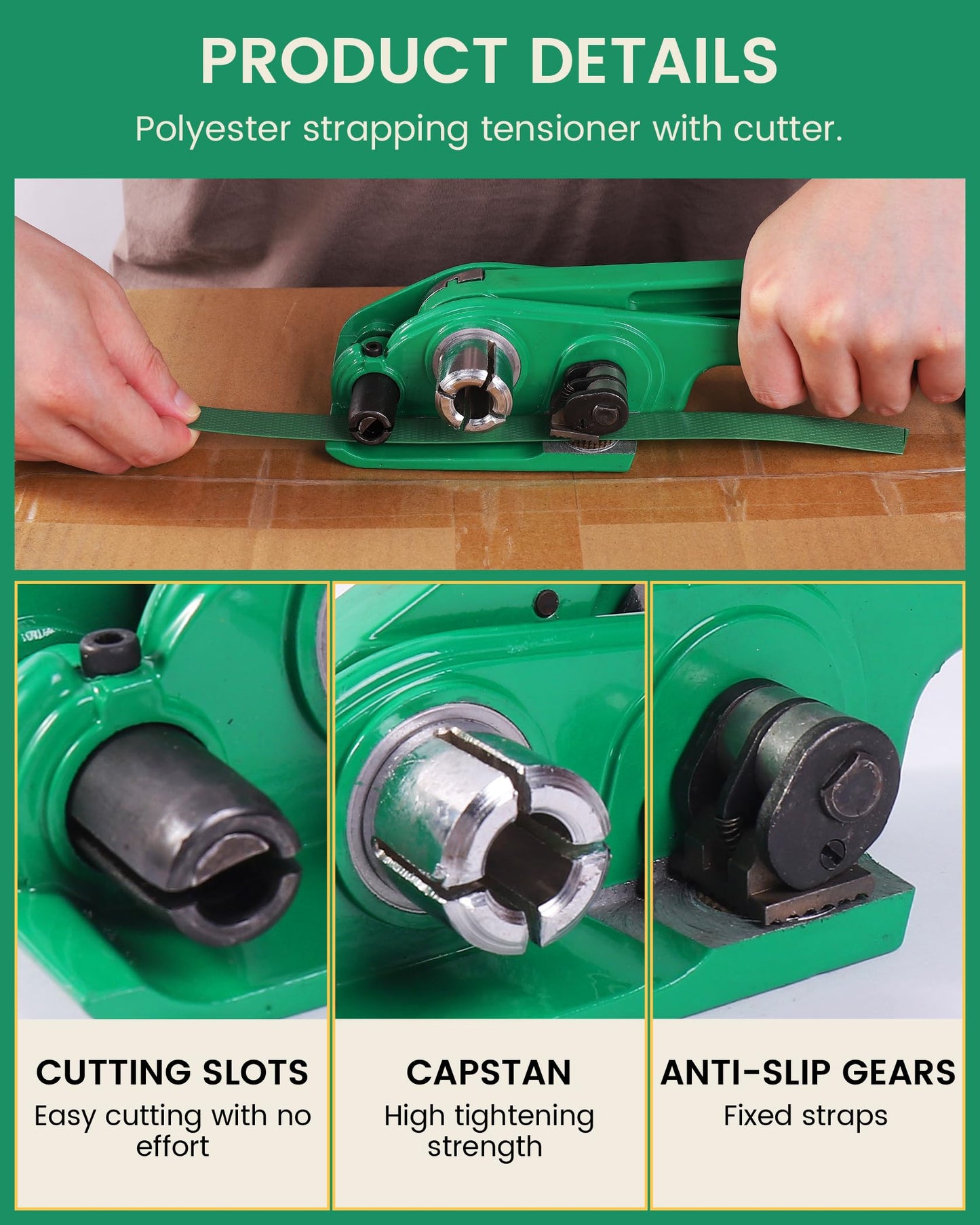 FoundGo PET Banding Strapping Kit for Heavy Duty Tough Pallet Packaging Strapping Tool with >1500lbs 5/8" x 2000' PET Strapping Roll & its own Pull-Out Box 200 Corner Protectors 450 Seals-Green