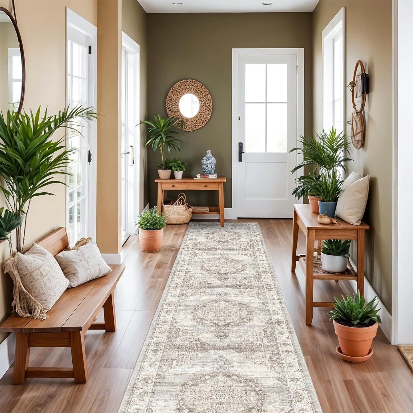 Skiennix Washable Extra Long Hallway Runner Rug - Non-Slip, Stain Resistant, Soft Carpet (Beige, 3x20)