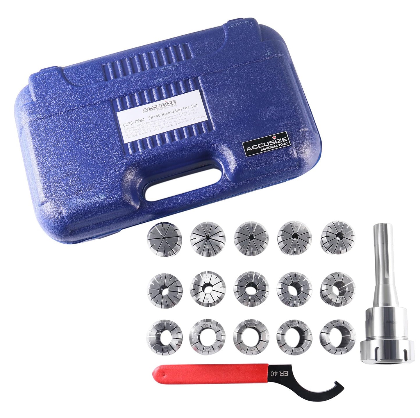 Accusize Industrial Tools - 15 Pc ER40 Precision Collet Set with R8 Bridgeport Shank Holder & Wrench, High Accuracy Tooling for Milling & Drilling, in Fitted Box, 0223-0984