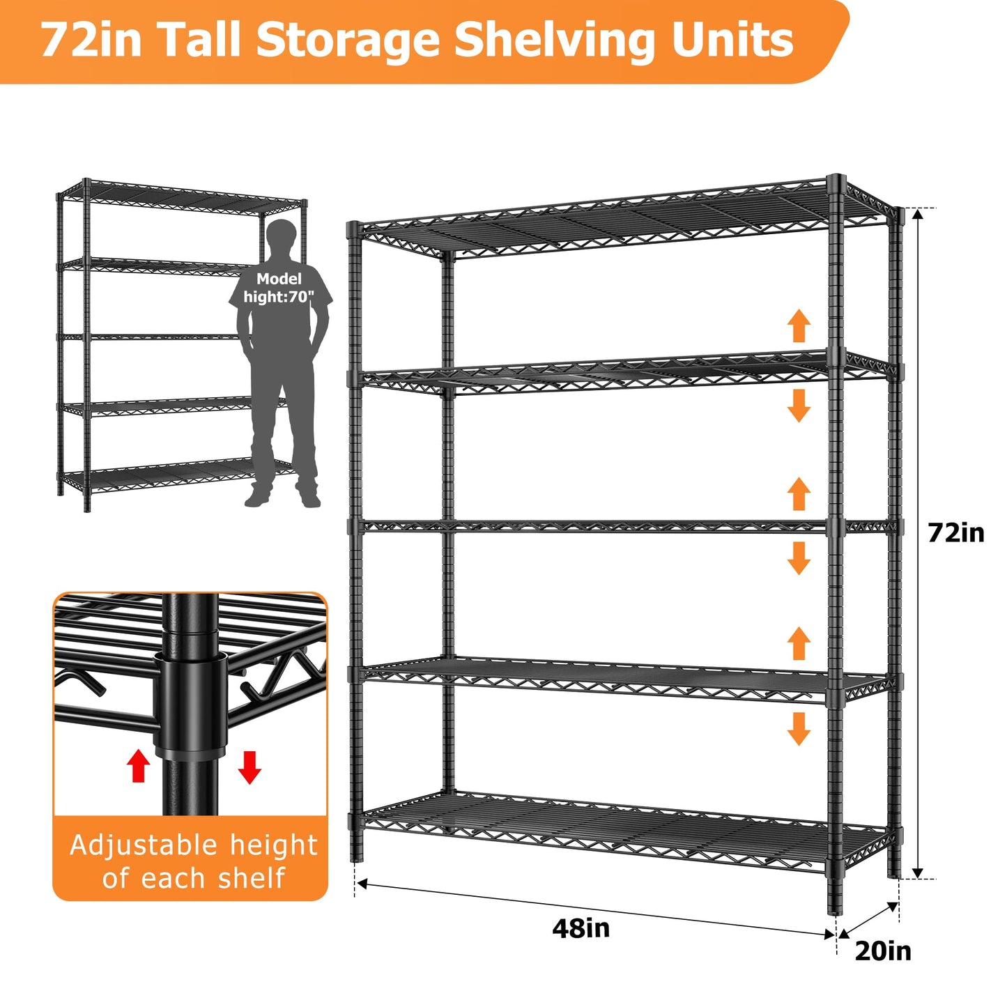 Storage Shelves Heavy Duty, 48" L x 20" W x 72" H Garage Shelving Unit Loads 2000LBS, 5-Tier Adjustable Metal Utility Shelf, Wire Shelf for Kitchen, Laundry Room, Pantry, Warehouse, Basement