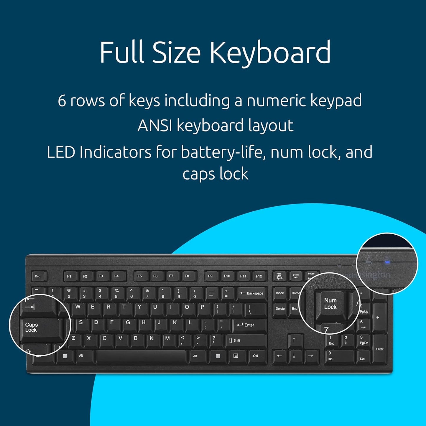Kensington KB150 2.4GHz 104-key, (K75561NA) EQ Wireless Keyboard, Full Size, Wireless Connection, Spill-Proof, Black