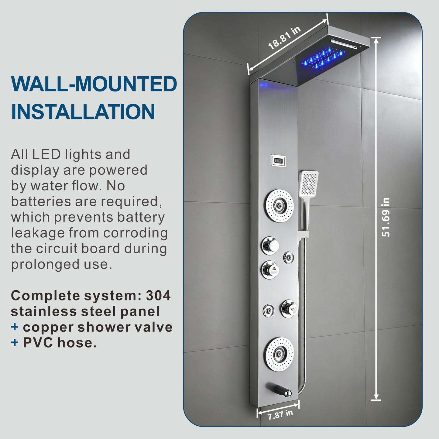 ELLO&ALLO Stainless Steel Shower Panel Tower System,LED Rainfall Waterfall Shower Head 6-Function Faucet Rain Massage System with Body Jets, Brushed Nickel