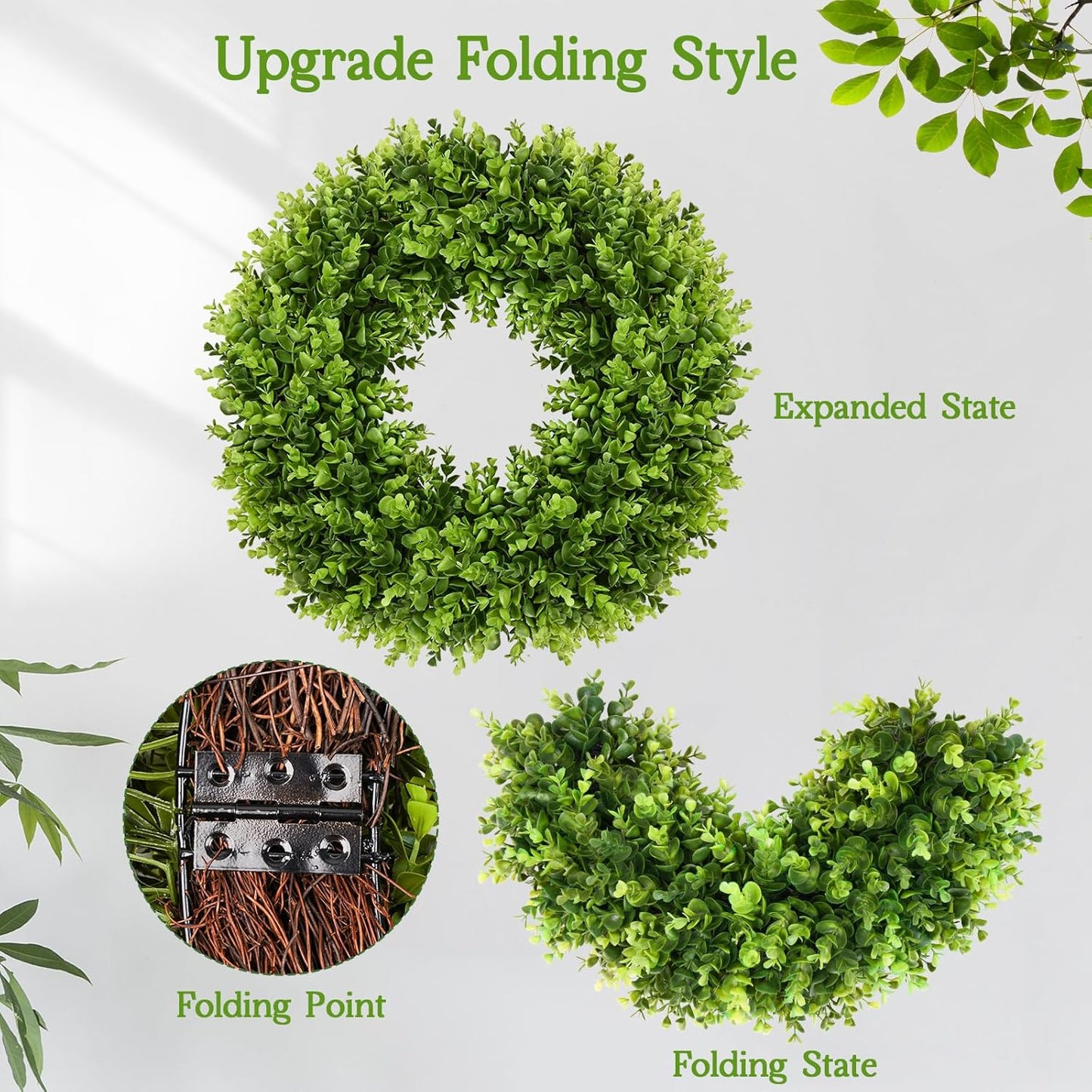 Vlorart 20" Faux Round Boxwood Wreath - Large Artificial Greenery with Plaid Bow for Door & Wedding Decor