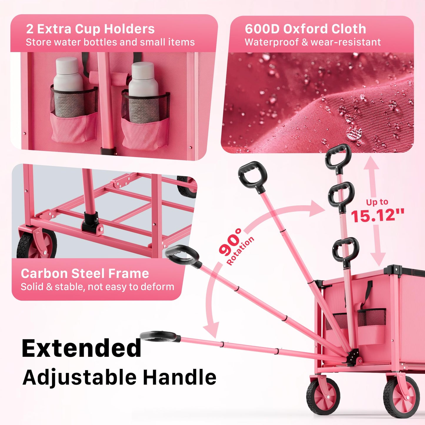 HOMBETTA 29.3" Collapsible Wagon Cart, 150L Heavy Duty Folding Utility Wagon with Wheels, 260 lbs Load, Portable Rolling Cart for Garden, Shopping, Sports, Camping, Pink