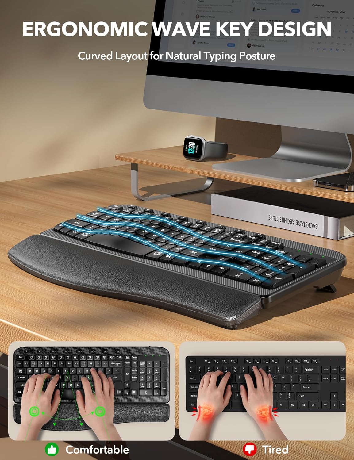 SABLUTE 2.4GHz Wireless Keyboard, Ergonomic Wave Keyboards with Cushioned Wrist Rest, USB Computer Wave Key Board