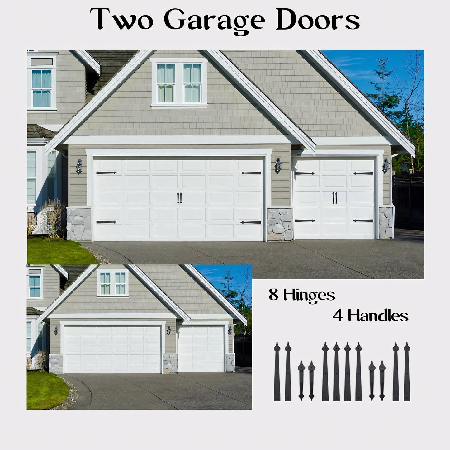 SANKEYTEW Decorative Garage Door Hardware Kit Carriage House Accents 8 Hinges and 4 Handles for 2 Car Garage, Screw Mounted, Black Steel
