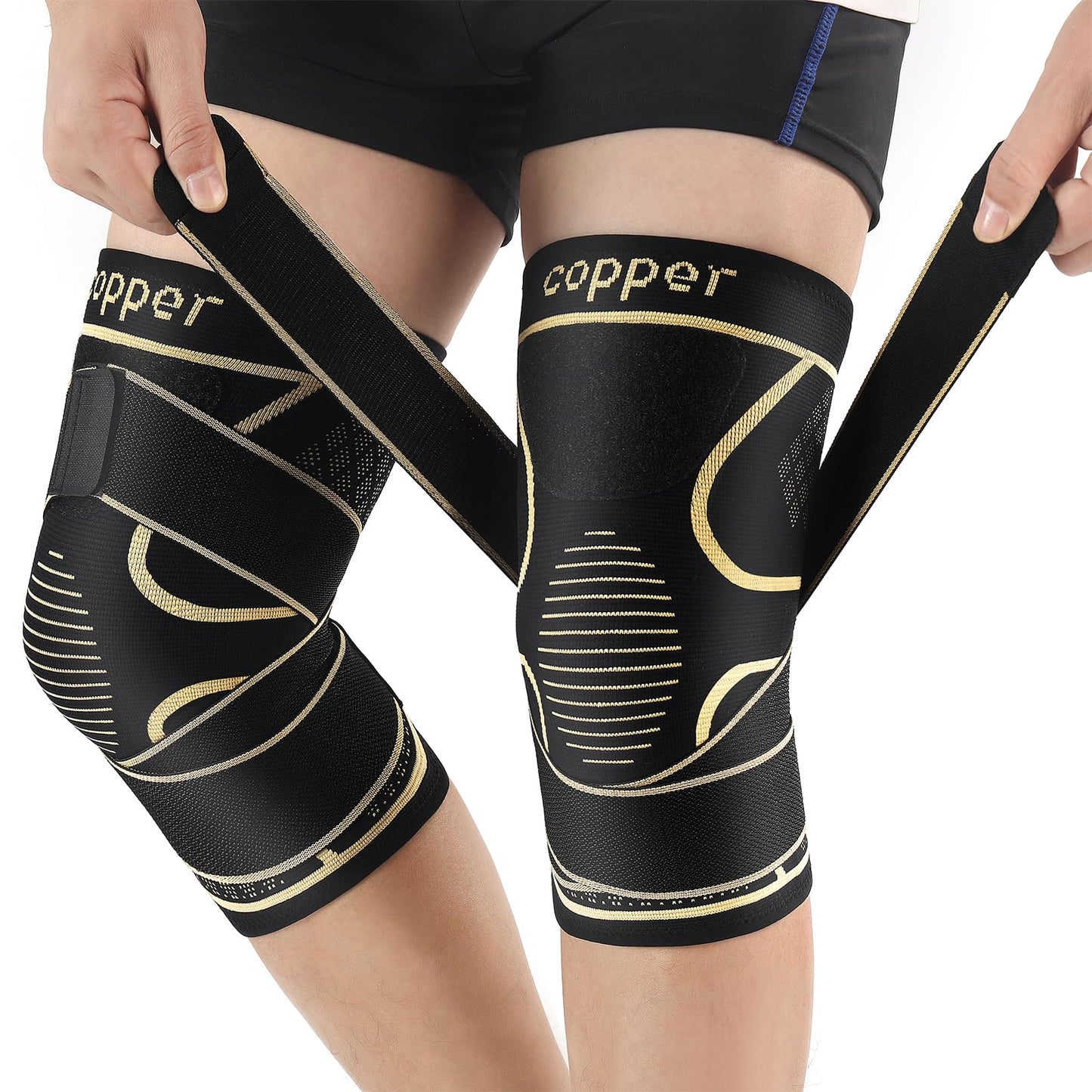 Copper Knee Braces with Strap for Knee Pain Women and Men(2 Pack), Knee Compression Sleeve for Arthritis, ACL, Meniscus Tear, Joint Pain Relief, Knee Support for Working, Running, Weightlifting(M)