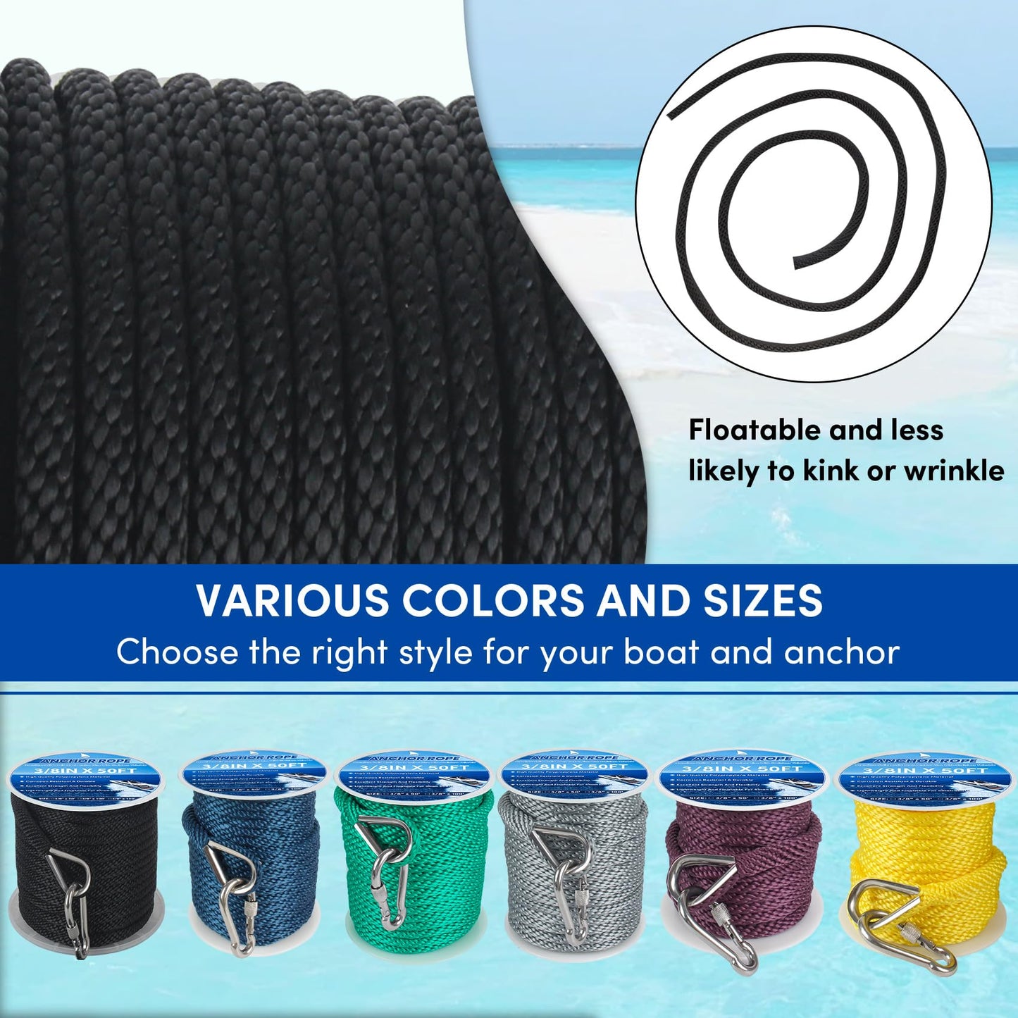 Anchor Rope 3/8in x 50FT,Premium Solid MFP Braided Anchor Ropes Anchor Line,Boat Anchor Rope with Stainless Steel Thimble & Snap Hook,Marine Rope for Anchors and Boats (Black)